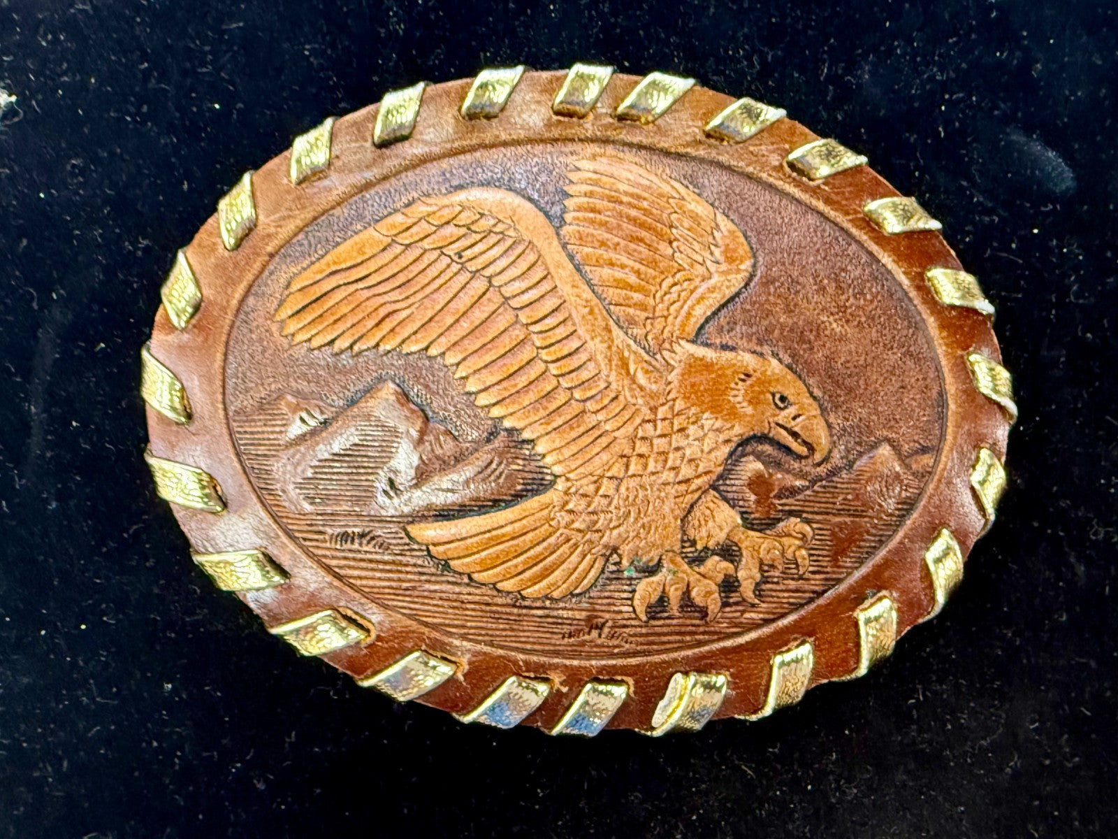 American Bald Eagle Flying Over the Mountain Embossed on Leather Belt Buckle