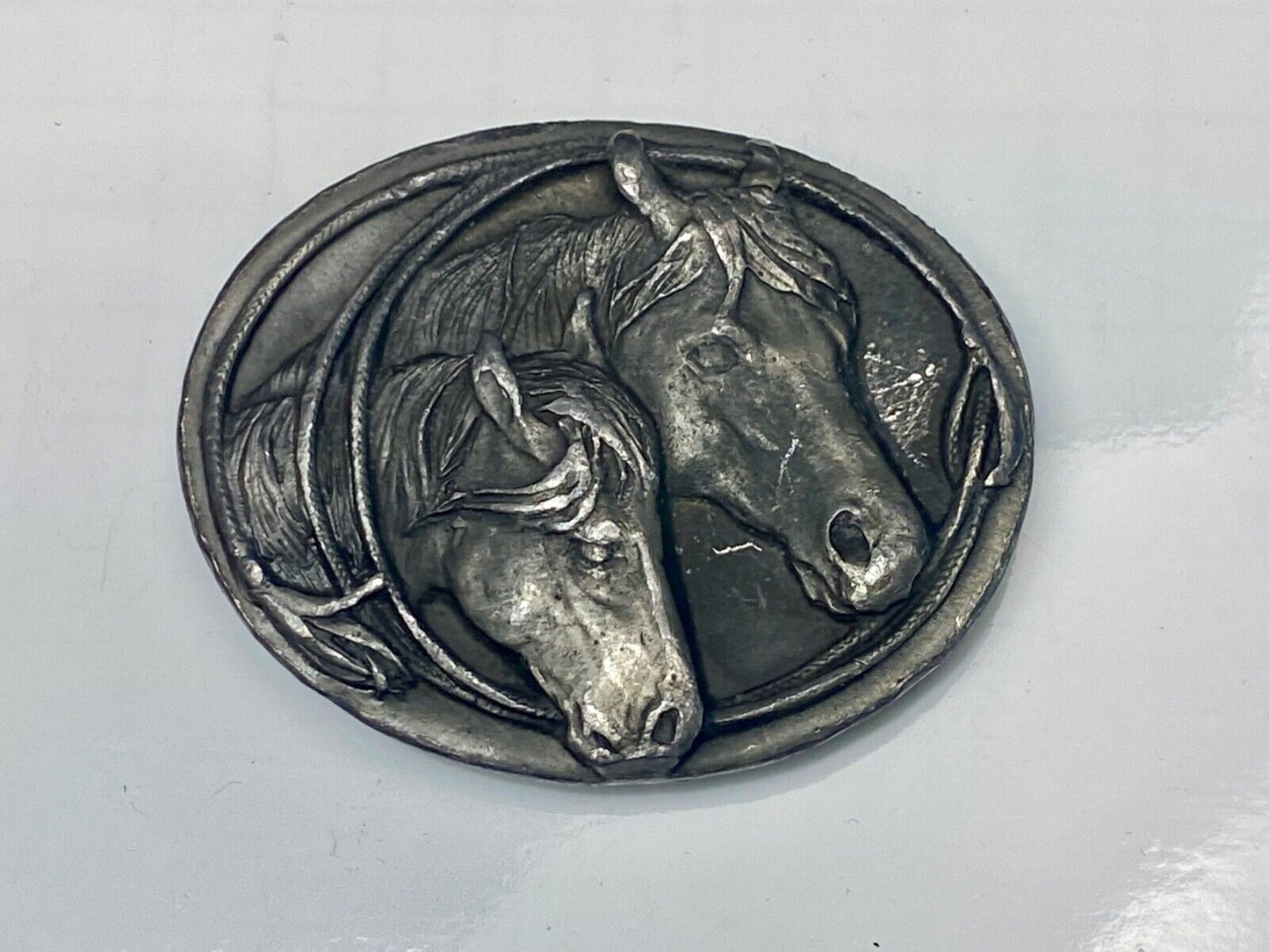 Two Horse Heads western 3" wide belt buckle - Key Makers Mark / Hallmark