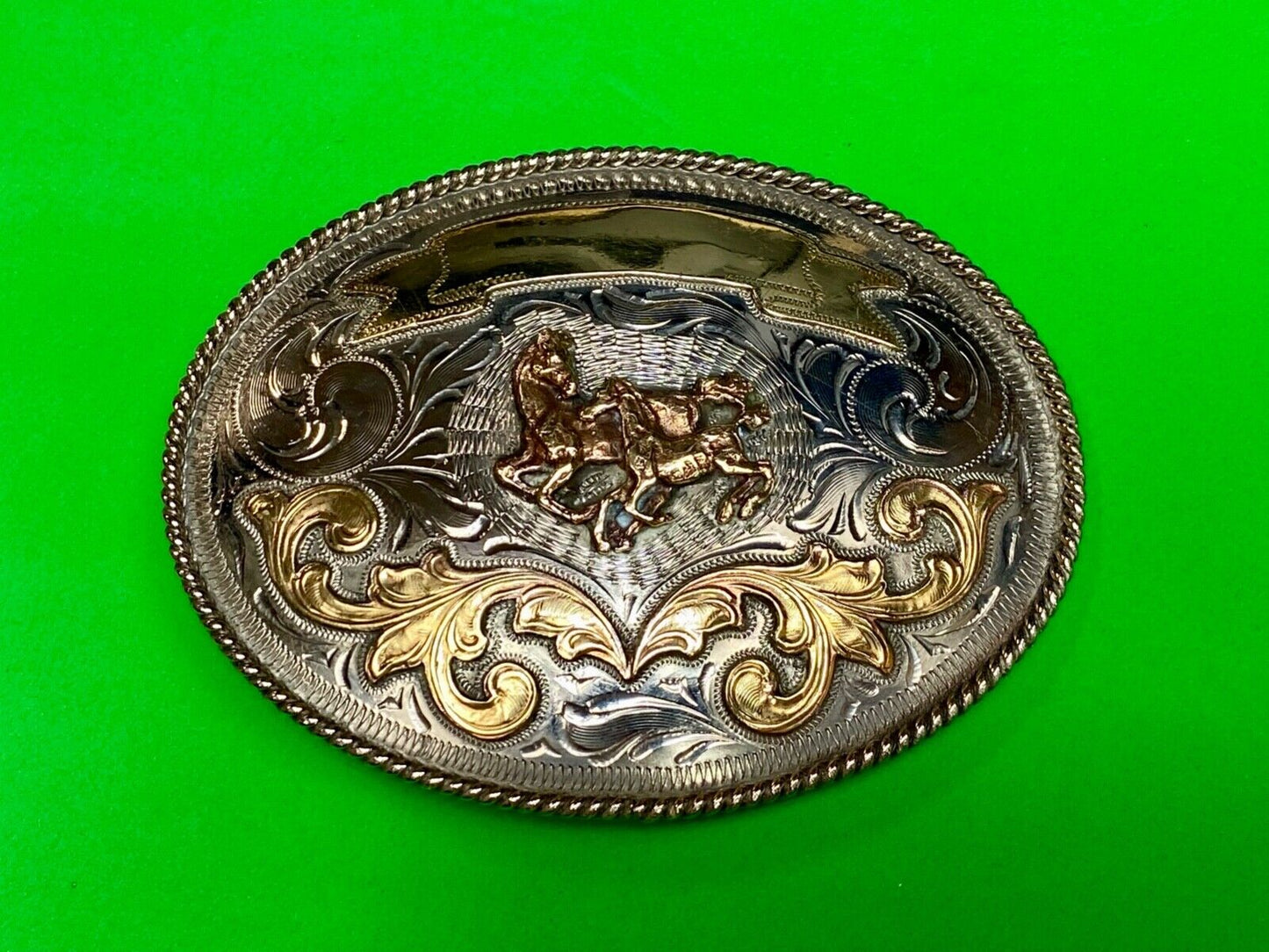 5" wide! Alpaca Mexico stamped wild mustangs horses running wild belt buckle