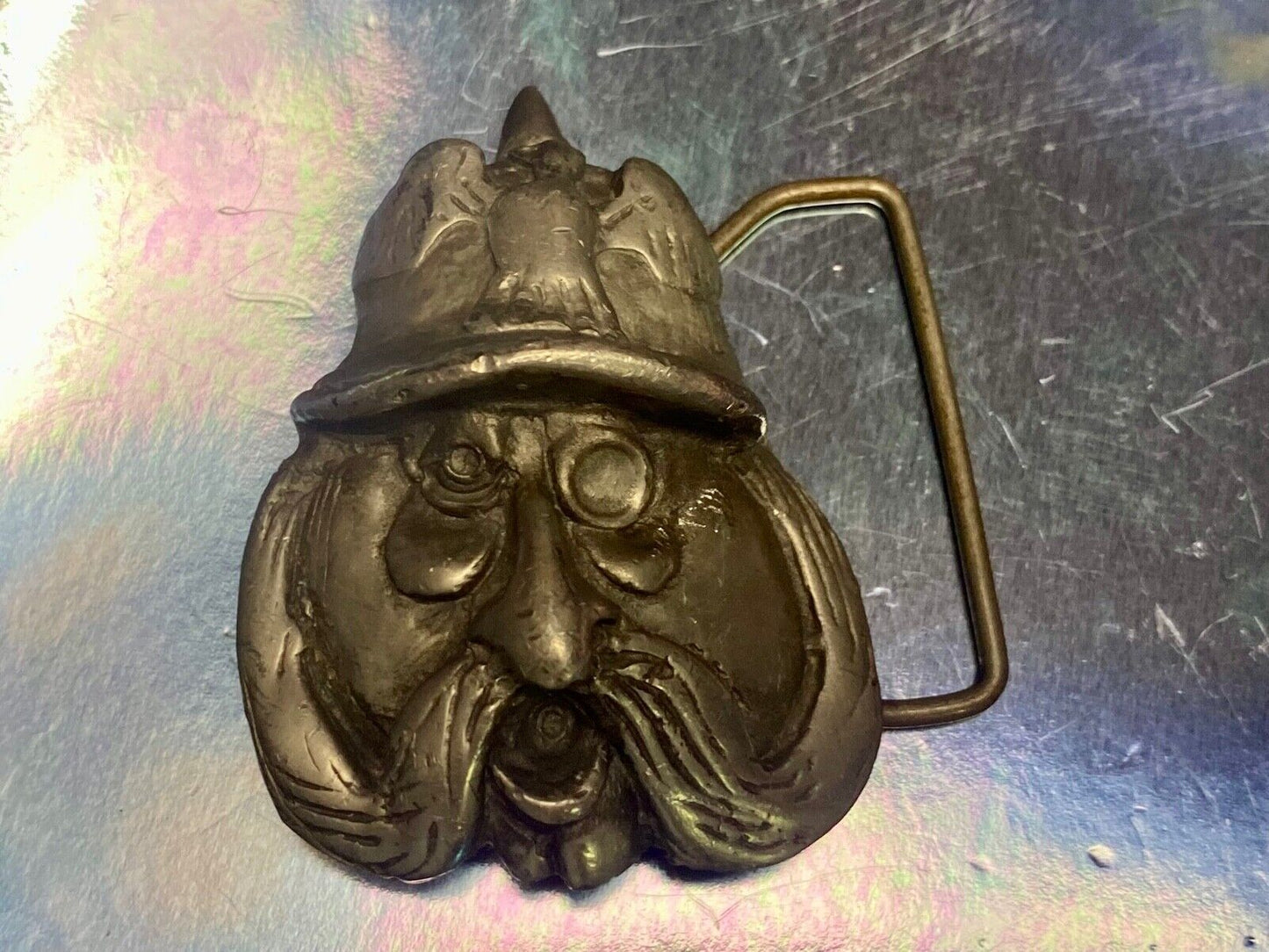 Vintage Head Herman Black Belt Buckle Art Nouveau Singing! Indiana Metal Craft 