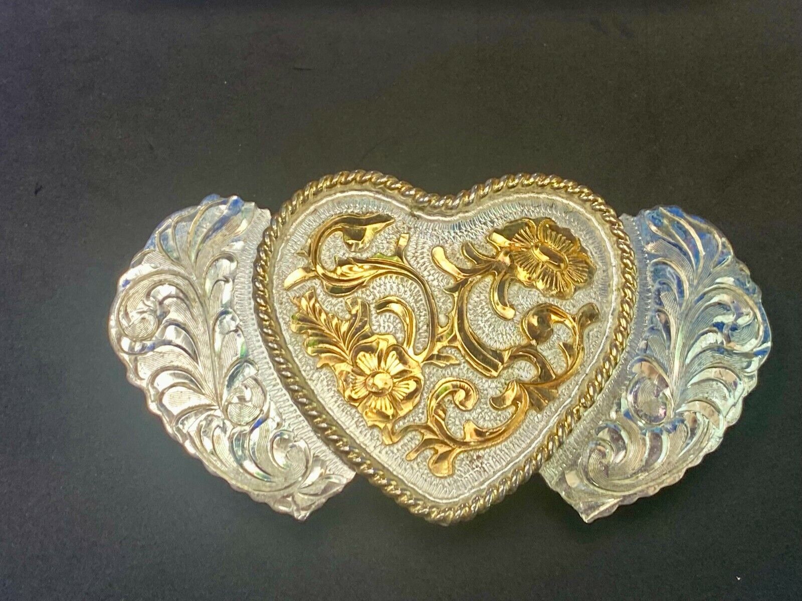Three Hearts Flower Ornate Quality! Jg Hallmark Vintage Belt Buckle