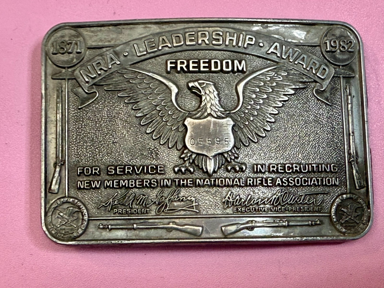 Vintage 1982 NRA National Rifle Association Leadership Award Belt Buckle