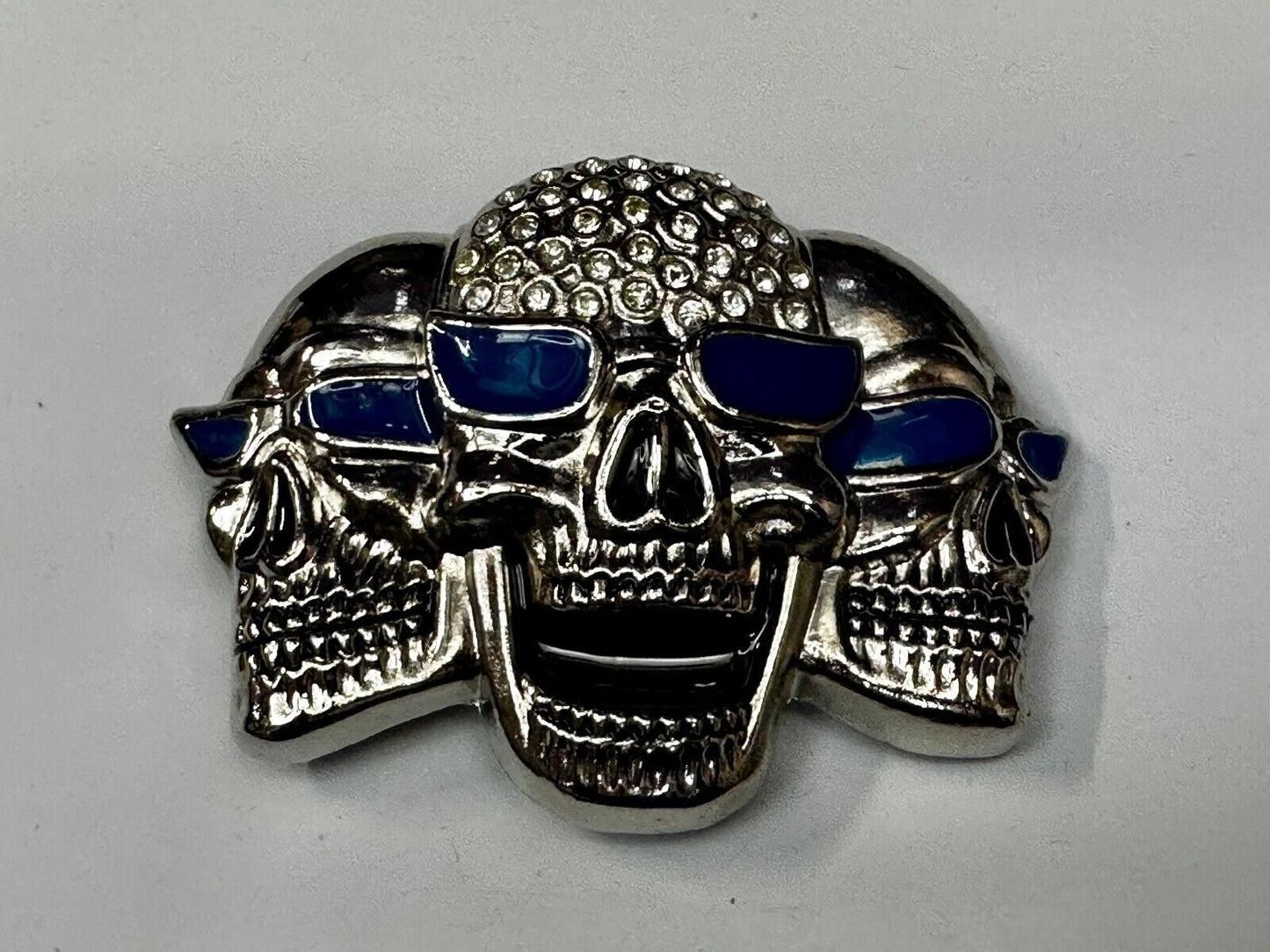 Three Skull's Heads Rhinestone Accented W/ Blue Shades Silver Tone Belt Buckle