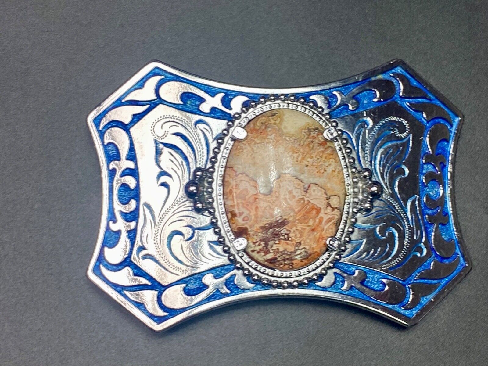 Unique Oval Cabochon Stone Centerpiece On Silver & Blue Color Belt Buckle