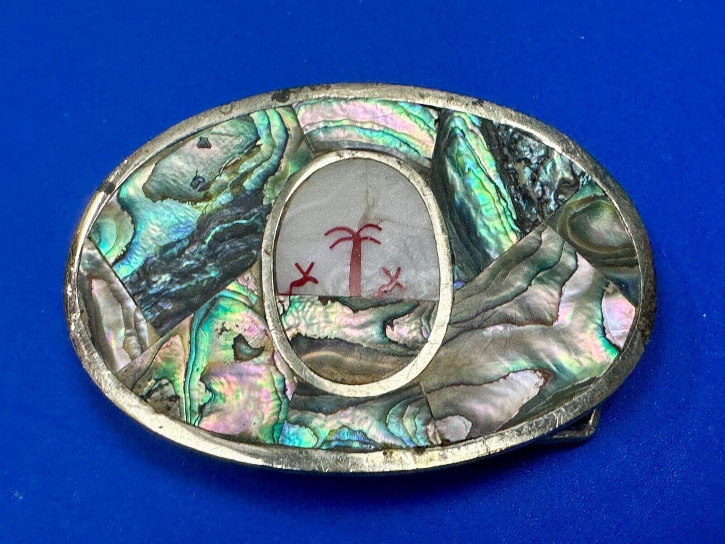 Abalone Shell Ocean Theme Palm Trees  3.5" wide Oval belt buckle from Mexico