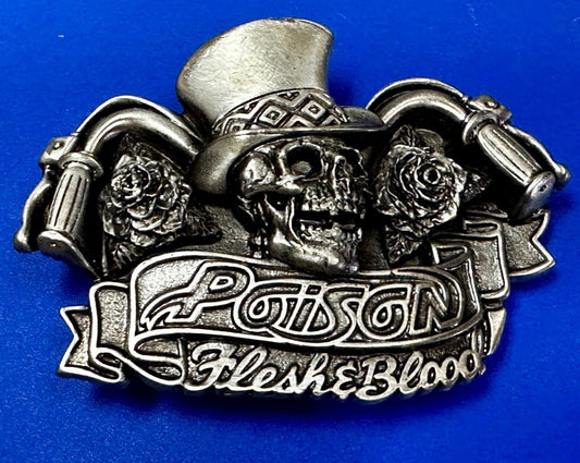 80's Poison Rock Band Skull in Top hat Rose Flesh & Blood Album 1992 Belt Buckle