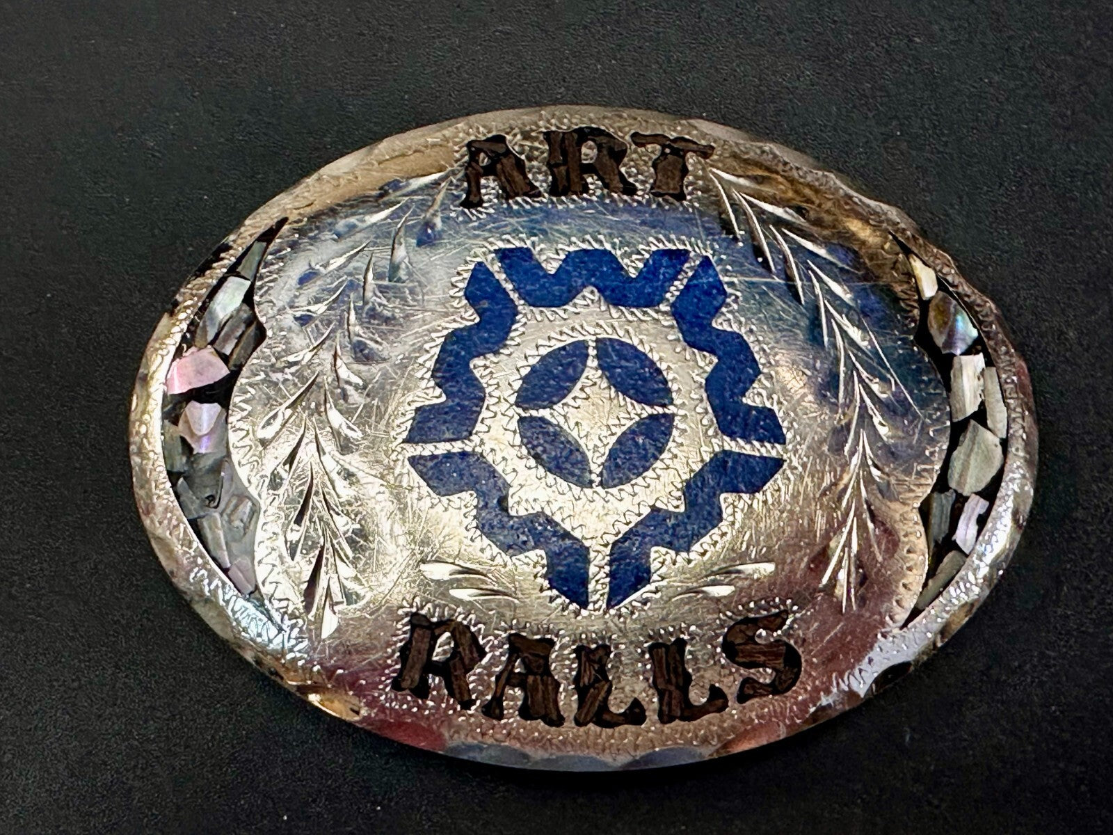 Art Ralls Abalone Shell Chip Inlaid Native American Indian Artisan Belt Buckle