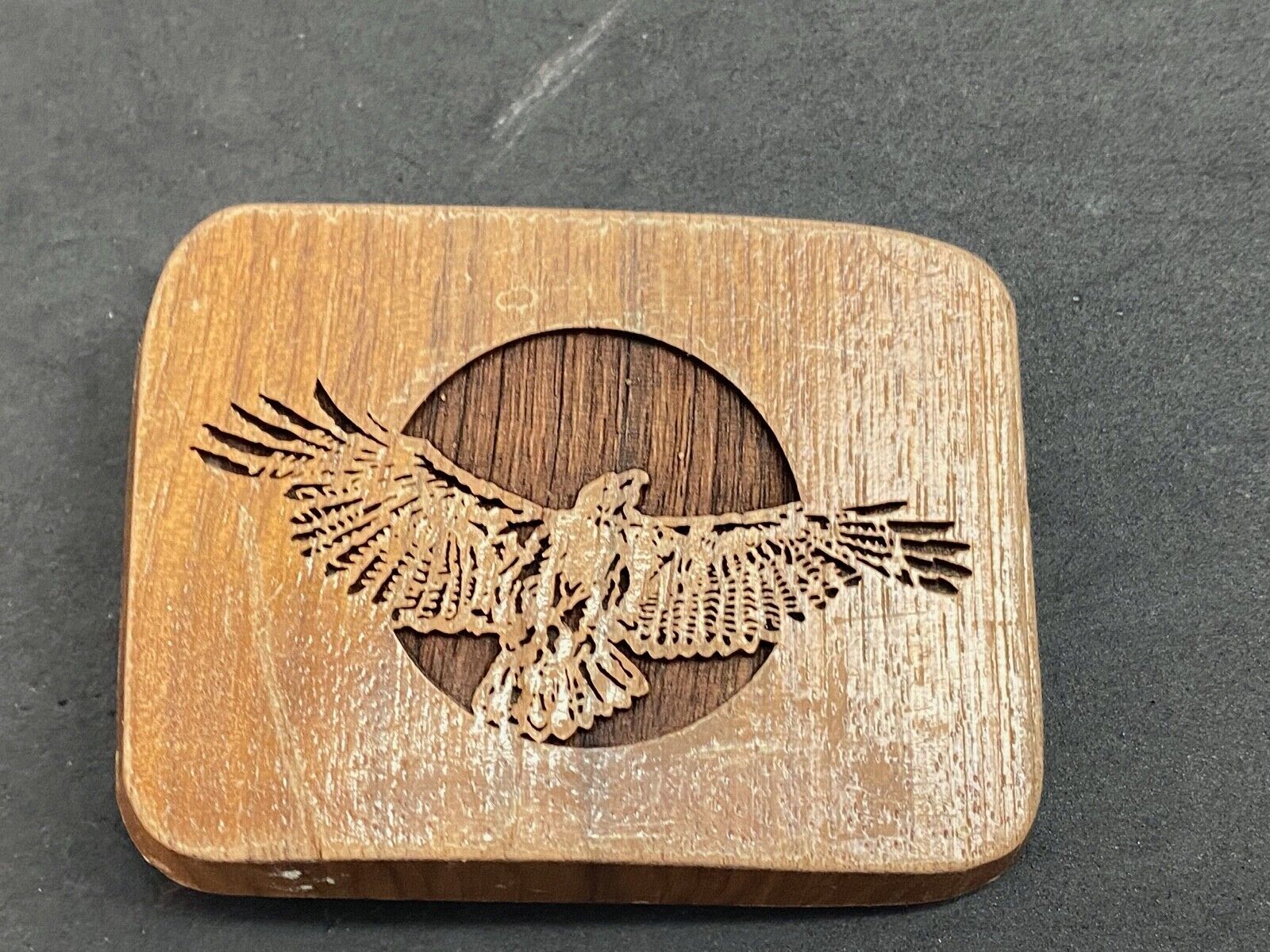 Vintage LASERCRAFT wooden belt buckle - The American Bald Eagle - Flying Wings 