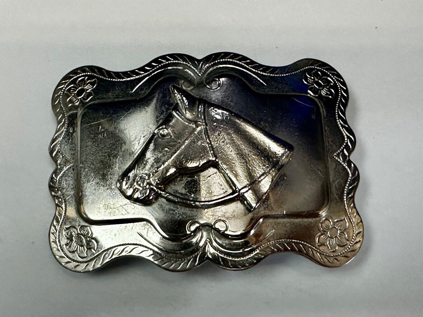 Vintage Horse Head Bust silver tone Floral Engraved Belt Buckle