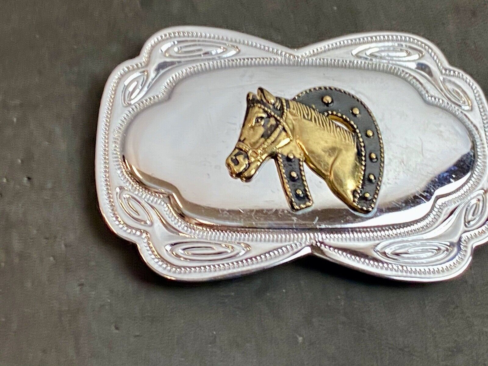 VINTAGE DIMENSIONAL WESTERN HORSE HEAD through HORSESHOE EQUESTRIAN BELT BUCKLE 