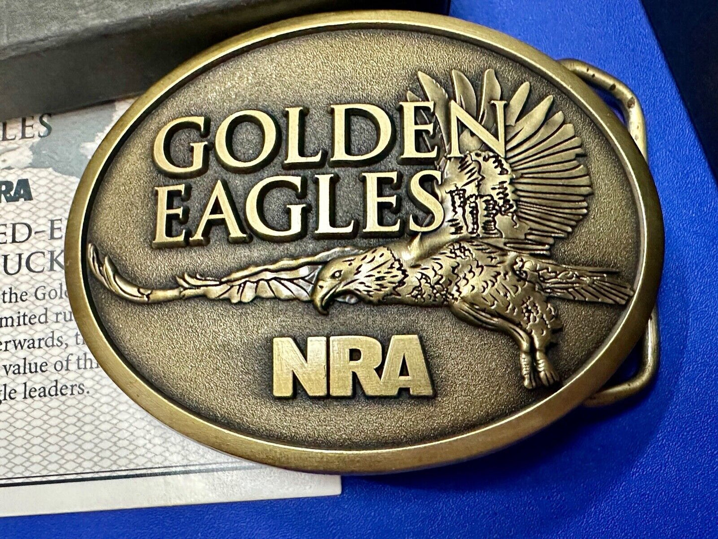 2013 NRA National Rifle Association Golden Eagle belt buckle in box with COA