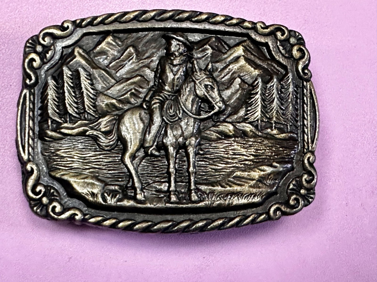 Tall In The Saddle Western Cowboy Leading Wagon Train Vintage ART Belt Buckle 