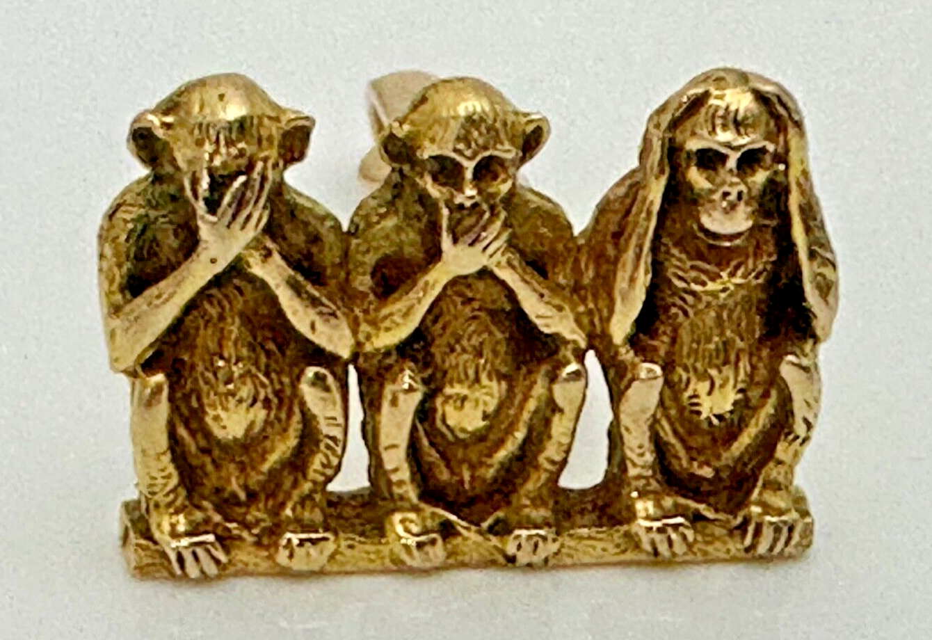 Three Wise Monkeys Speak, See, Hear No Evil  Antique 14K Gold Single Cufflink 6g
