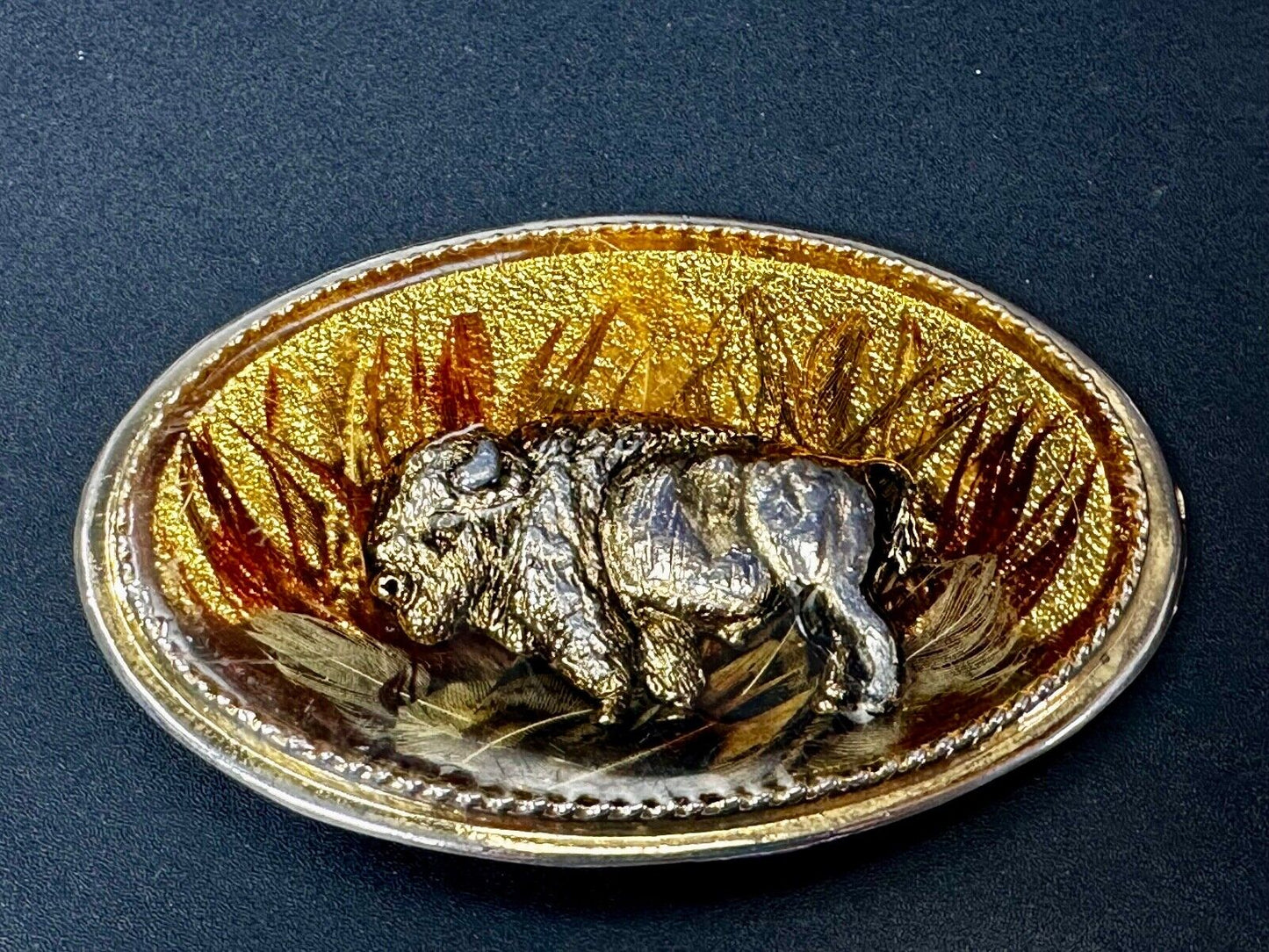 3D Buffalo in wheat grass - Raised from gold tone Vintage Belt Buckle