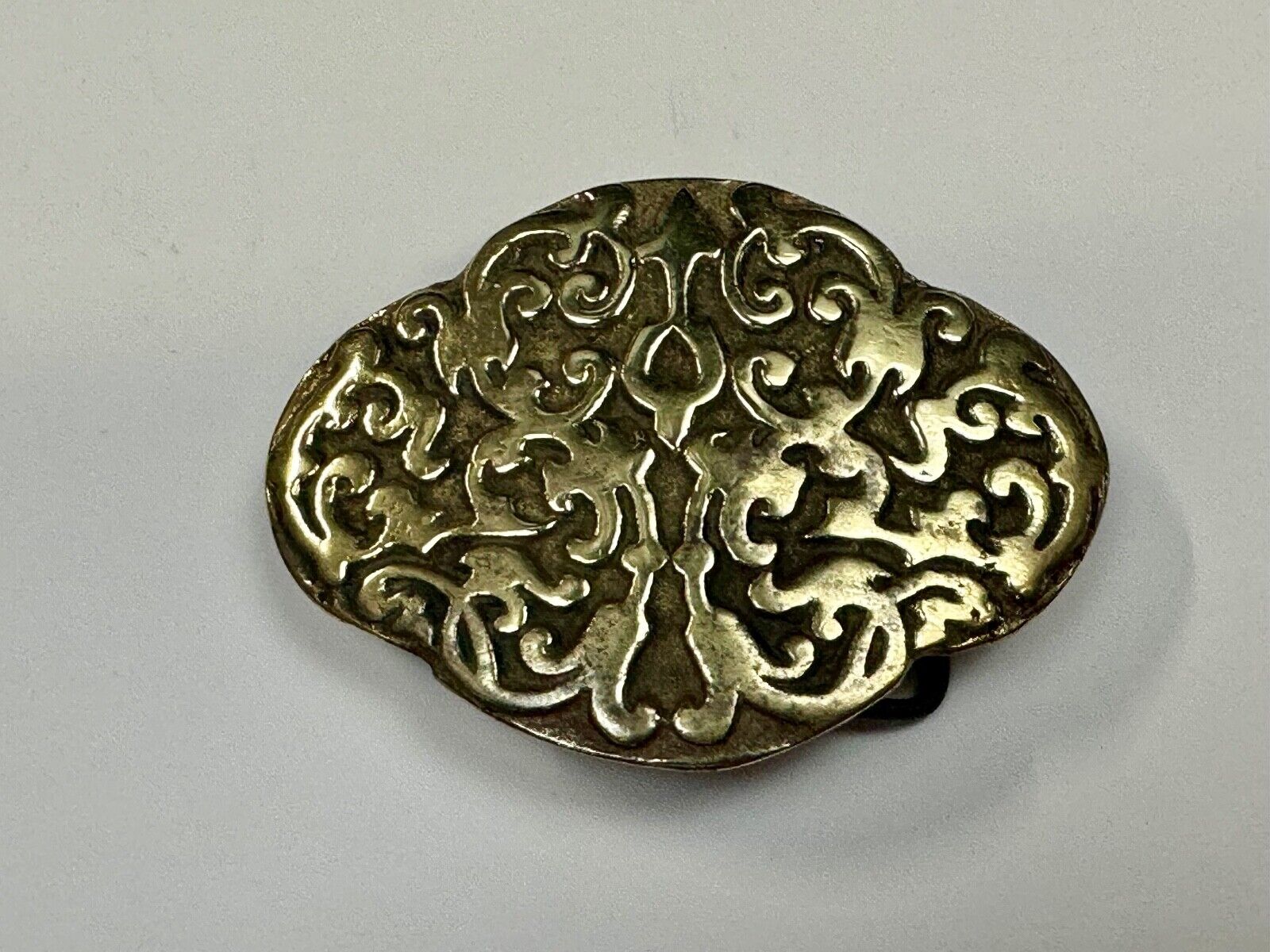 Vintage Hippie Hobo style curved swirl pattern cross solid brass belt buckle