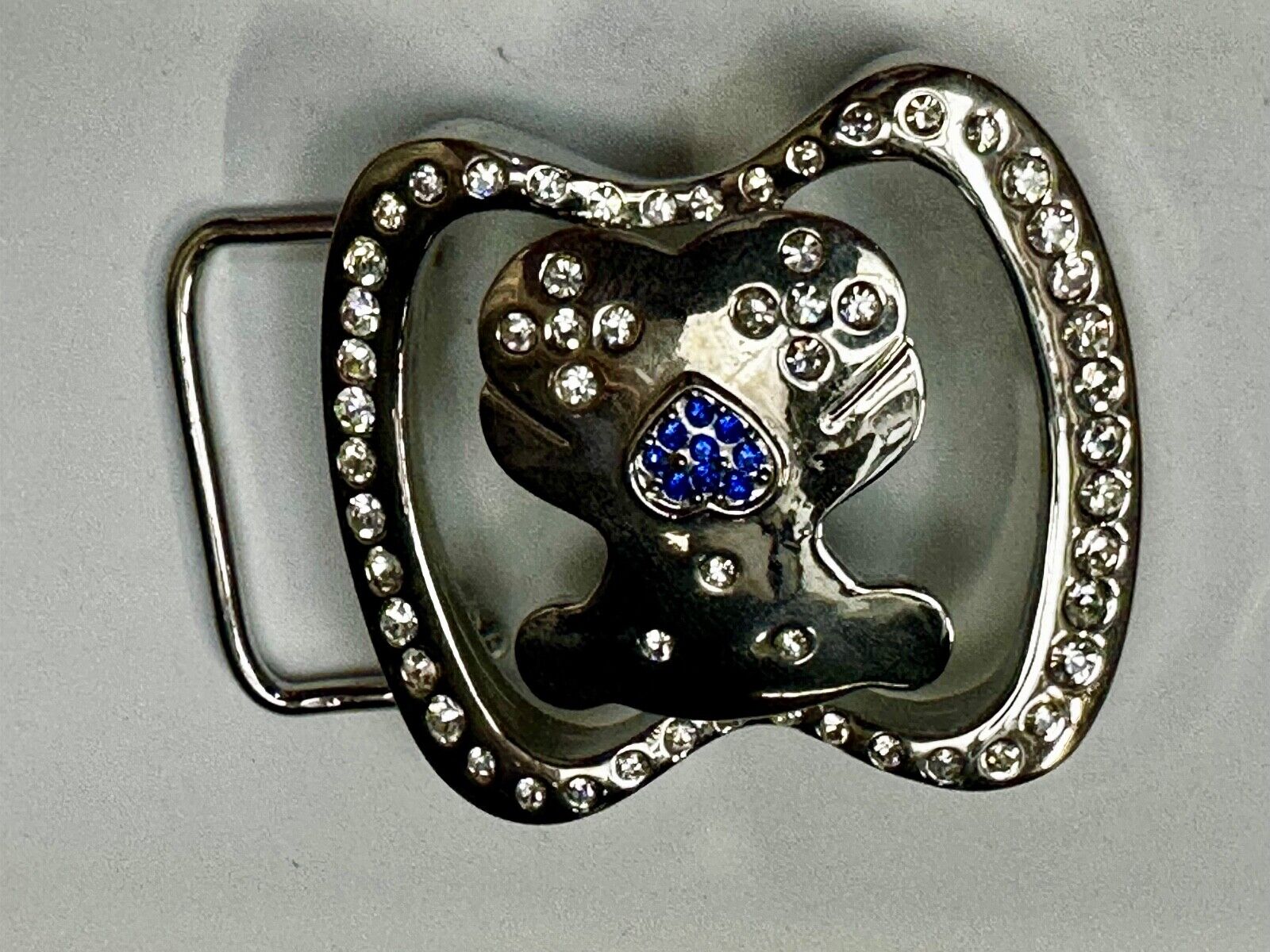 Teddy Bear W/ Heart Clear & Blue Rhinestone Accented Belt Buckle