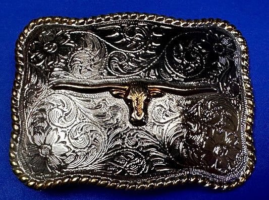 Texas Longhorn Vintage Western Flower Swirl Design Belt Buckle With Rope Boarder