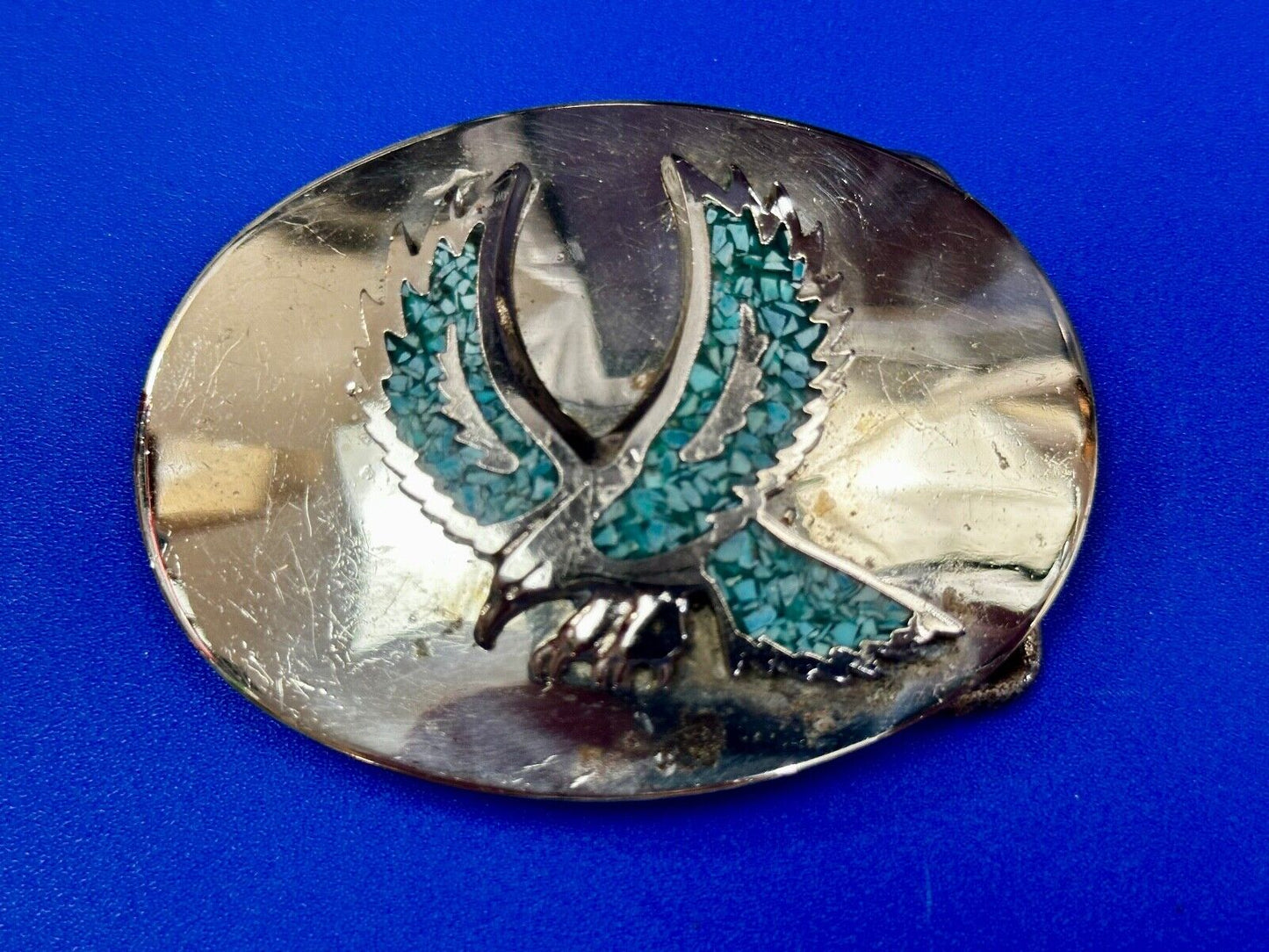Turquoise Chip inlaid Flying Hunting Diving Patriotic American Eagle Belt Buckle