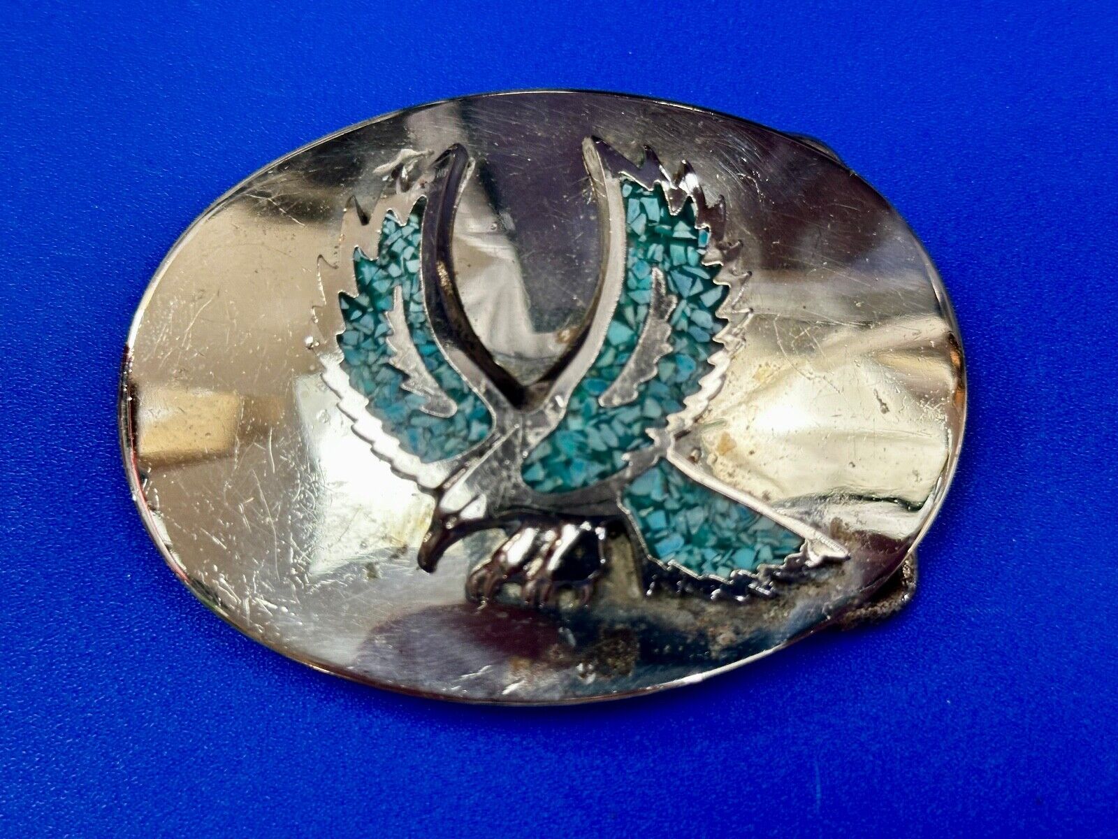 Turquoise Chip inlaid Flying Hunting Diving Patriotic American Eagle Belt Buckle