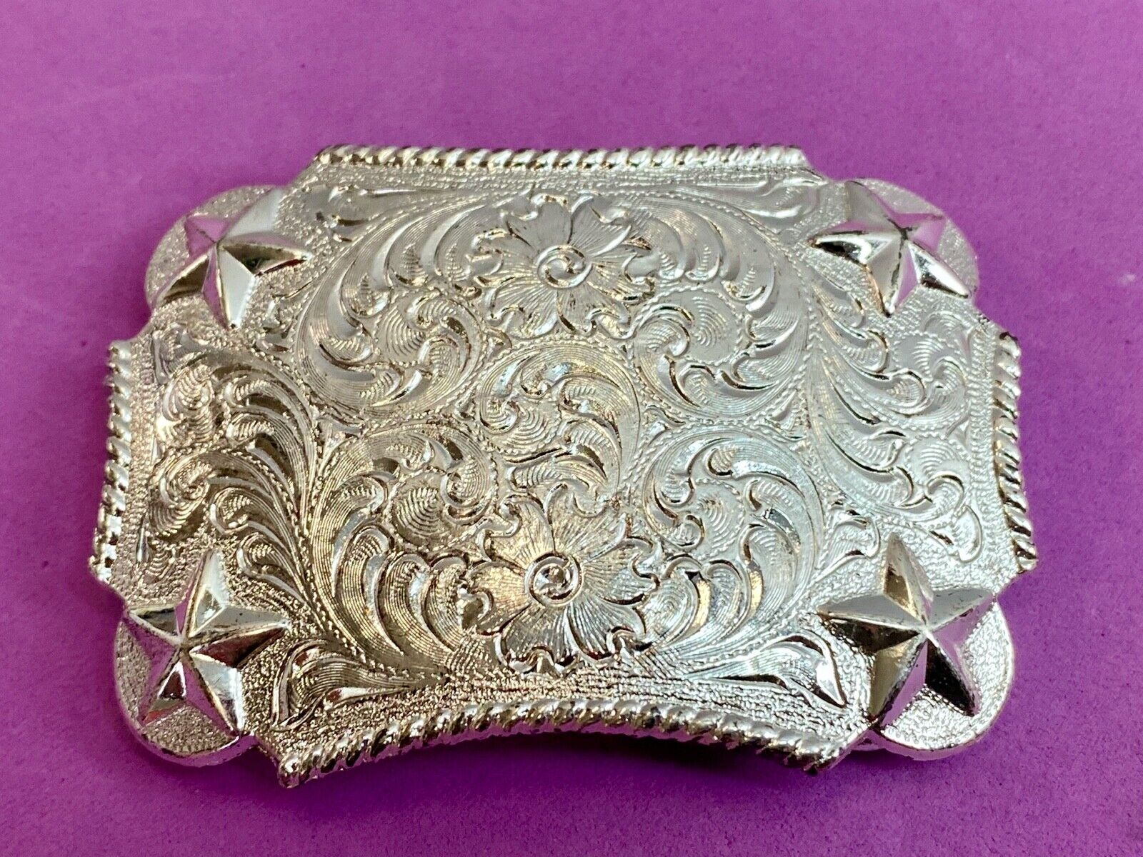 Vantage Taiwan made western rectangular belt buckle with flower star swirl