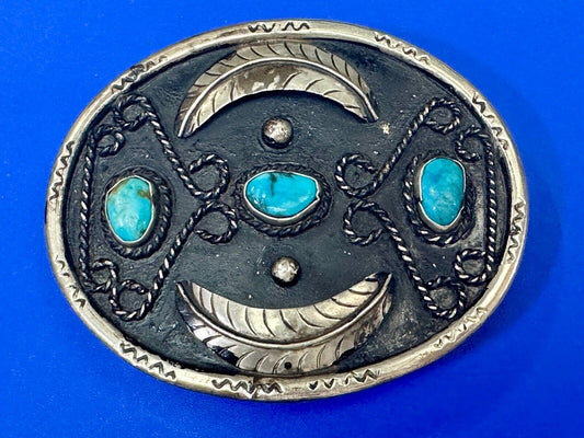 Turquoise stones raised feathers vintage belt buckle marked Sterling 0925 Mexico
