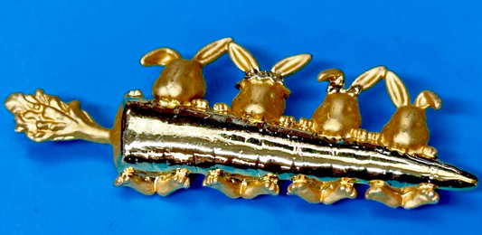 Adorable Bunny Rabbit Family Eating Carrot Gold Tone Pin Brooch Signed by AJC