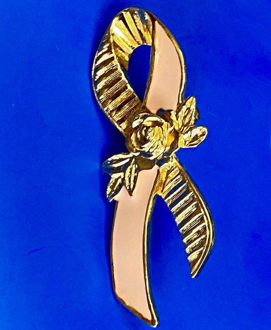 Avon Breast Cancer Awareness Lapel Pin Pink Tie  Ribbon Flower Roses Brooch Pin