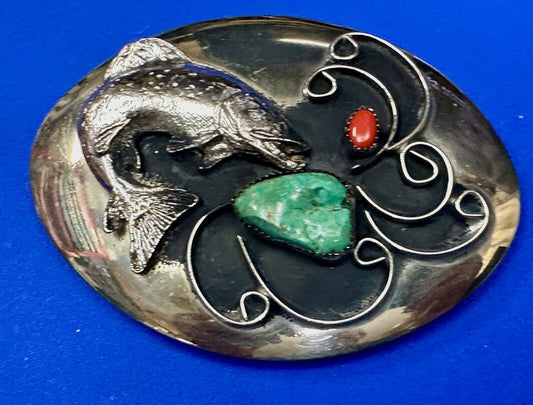 Bass Fish - Turquoise & Coral accented Native American Indian Style Belt Buckle