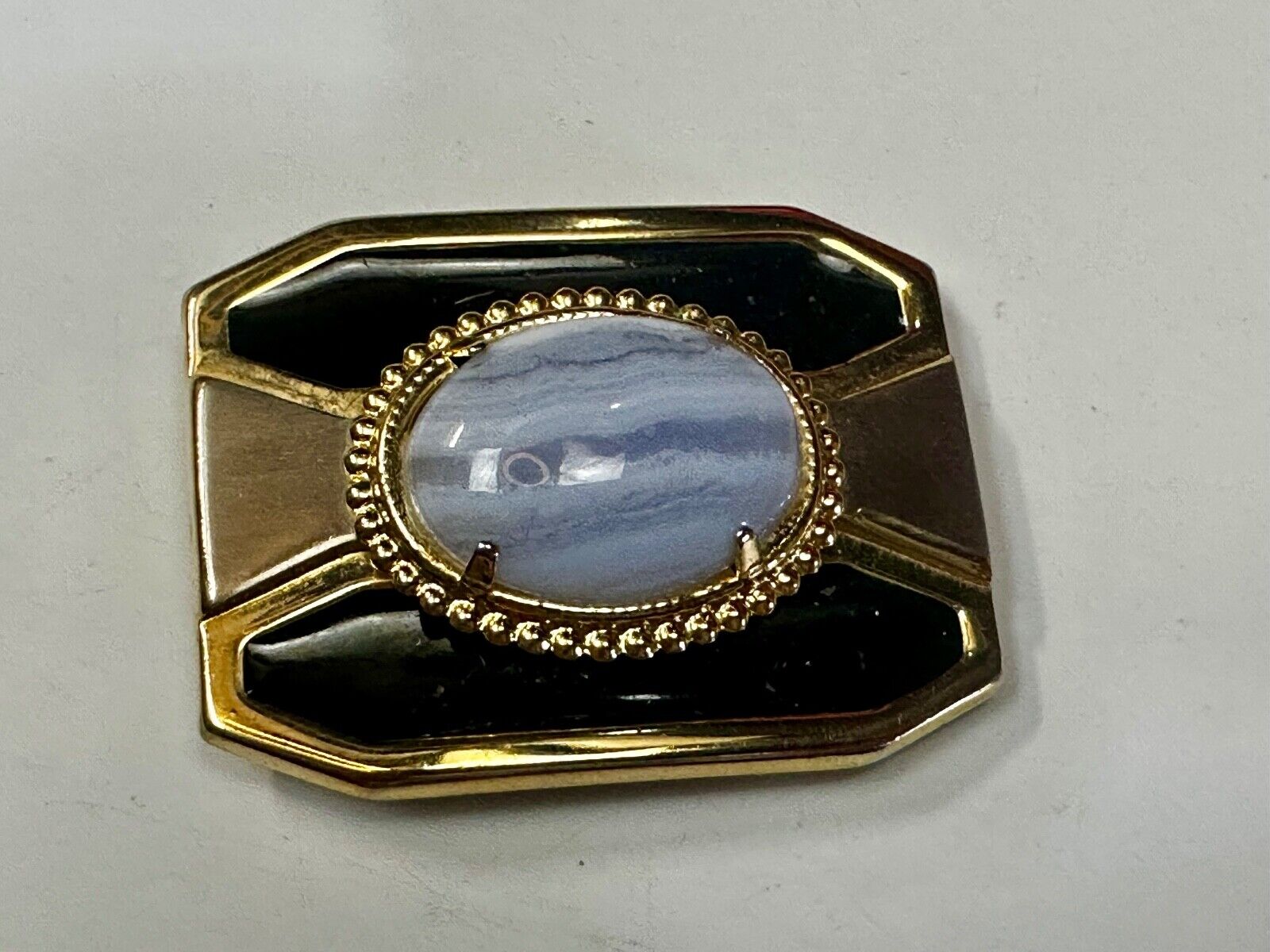 Vintage Blue Lace Agate Cabochon Cab Stone Centerpiece on Western Belt Buckle