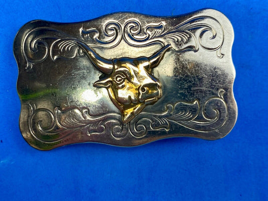 Vintage Chaimbers Nickel Silver Cow Steer Head bust belt buckle 