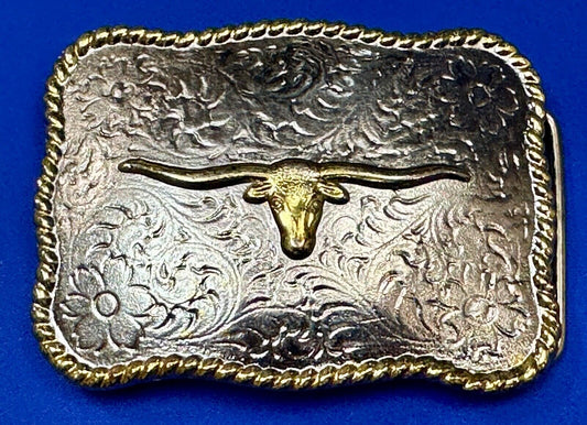 Texas Longhorn Cow Steer flower swirl Belt Buckle w/ thick rope boarder
