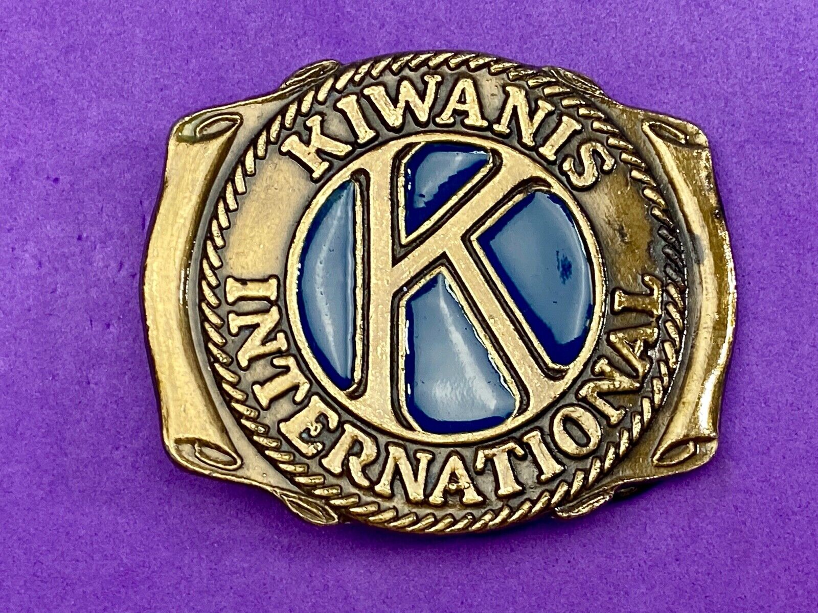 Vintage Kiwanis Club international blue enamel cut out belt buckle 
