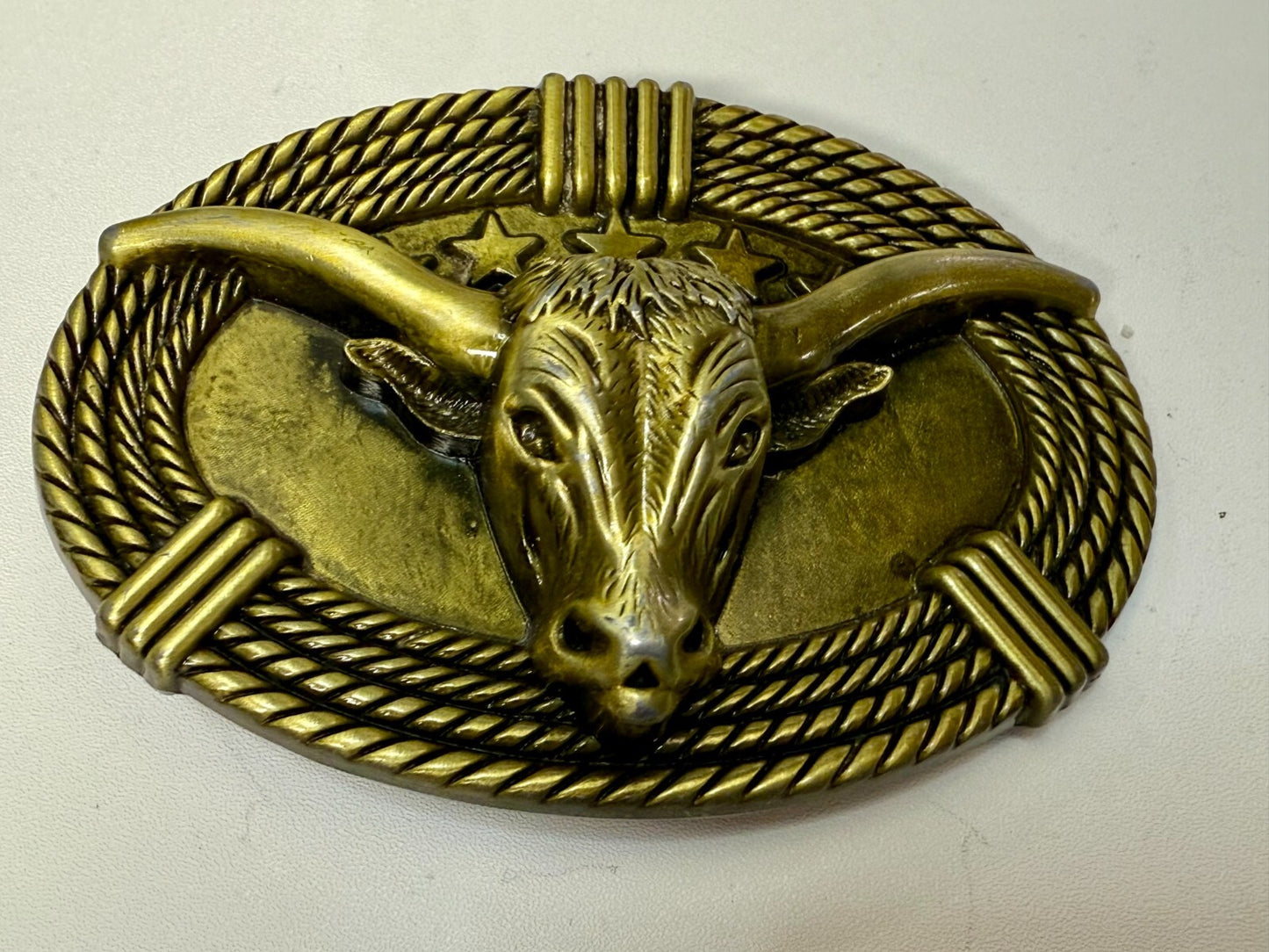 3D Longhorn Bull Head with Stars Rope Border Western Rodeo Cowboy Belt Buckle