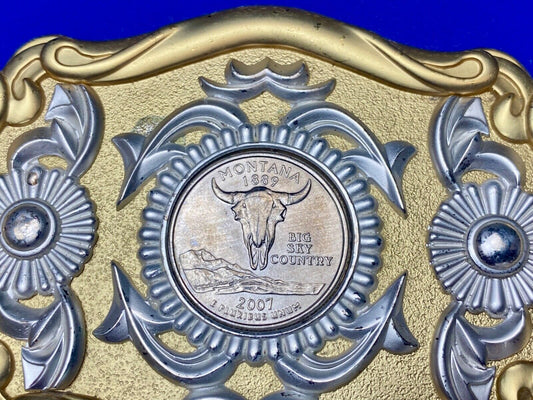 2007 Montana Big Sky Country Coin centerpiece in ornate two-tone belt buckle
