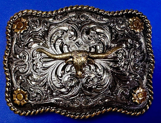 Texas Longhorn Centerpiece Two Tone Ornate Floral Themed Belt Buckle