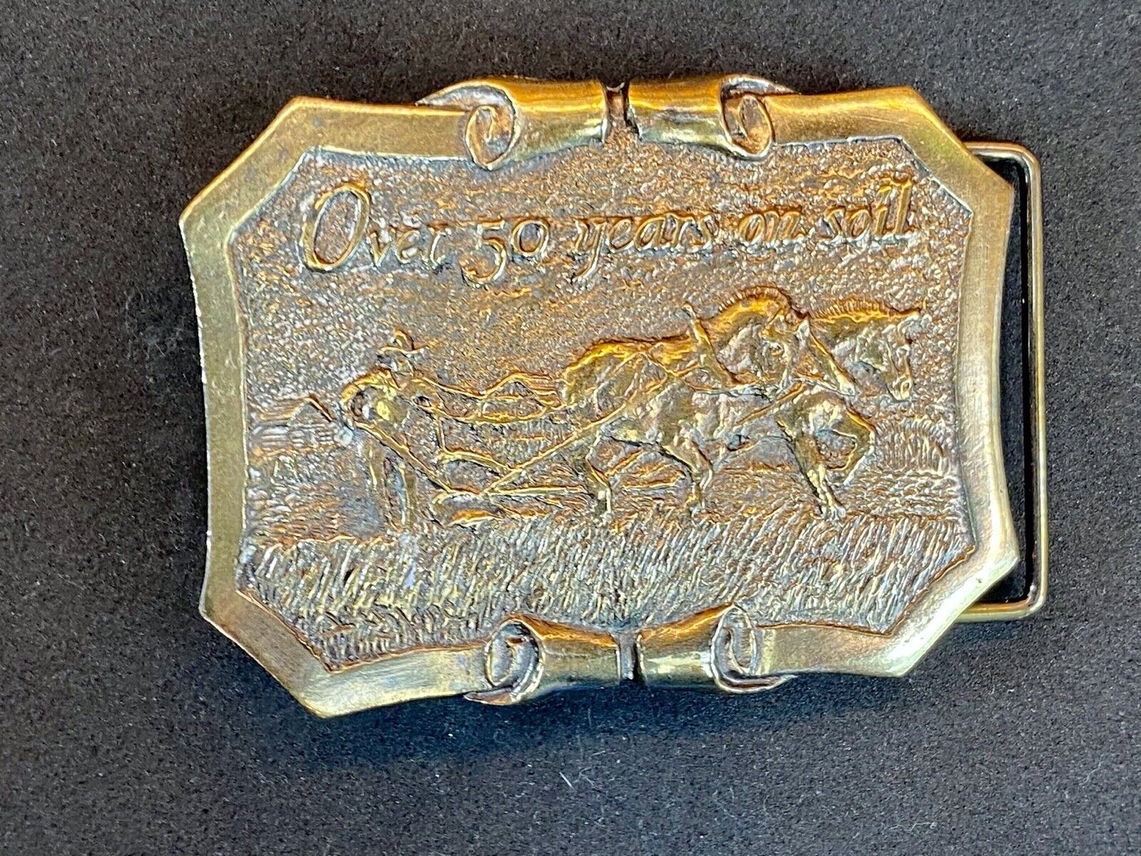 50 Years On Soil - Dahlman Belt Buckle - Field Engineered Farming Equipment 