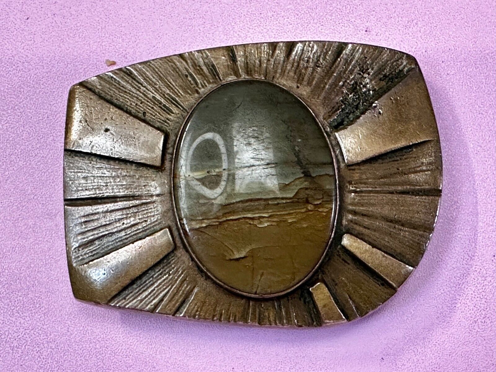 Art Deco Picture Jasper Cabochon Stone In Artisan Hippy Vibe Brass Belt Buckle