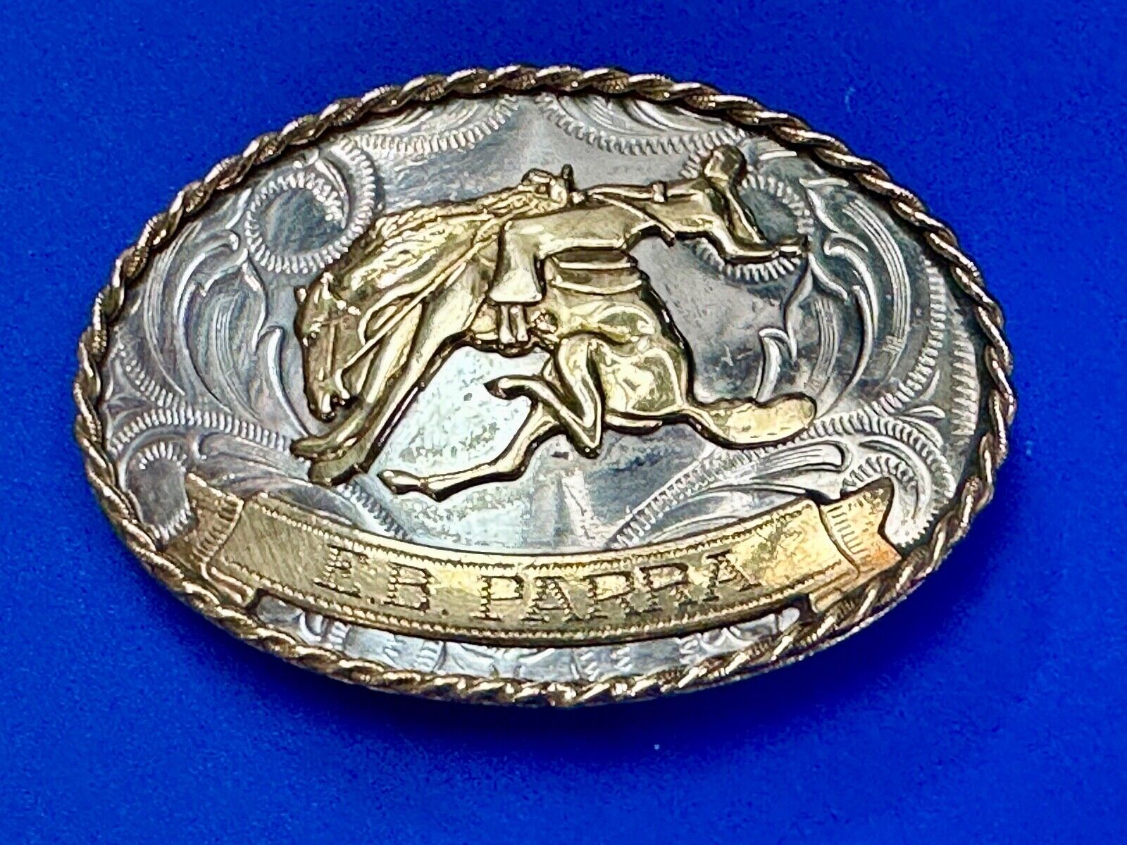 Vintage German Silver Bucking Saddle Bronc Western Cowboy Engraved belt buckle