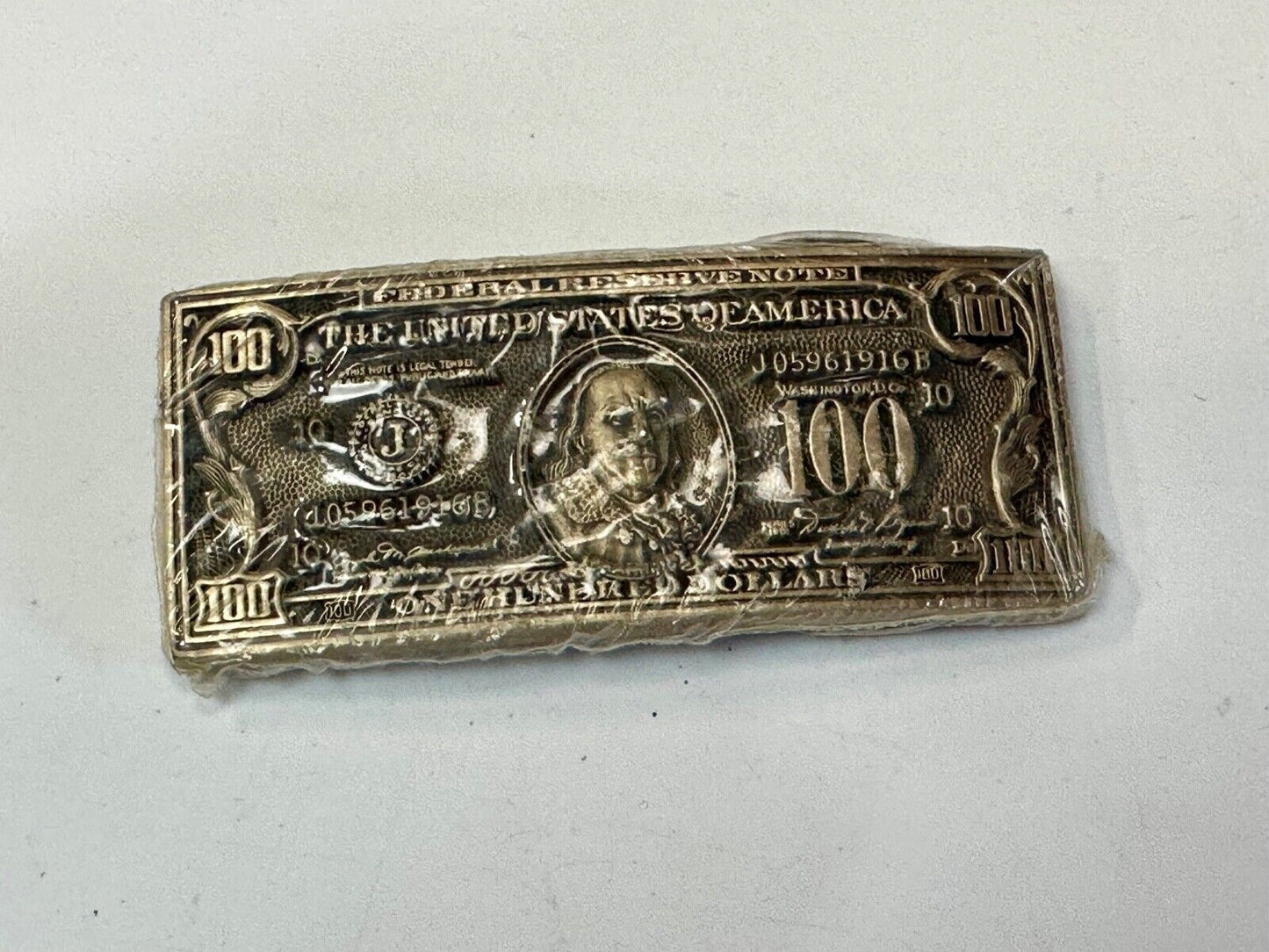 100 Dollar Bill Benjamin Solid Brass NOS Belt Buckle by Award Design Medals