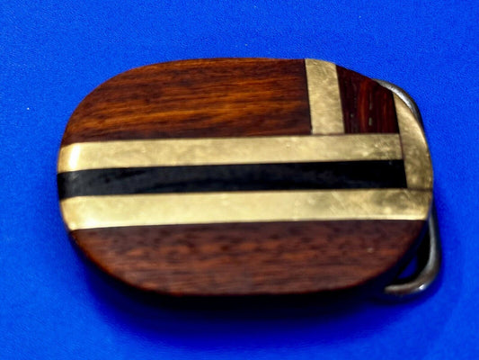 Vintage Artisan Inlay Mixed Wood And Solid Brass Small Belt Buckle