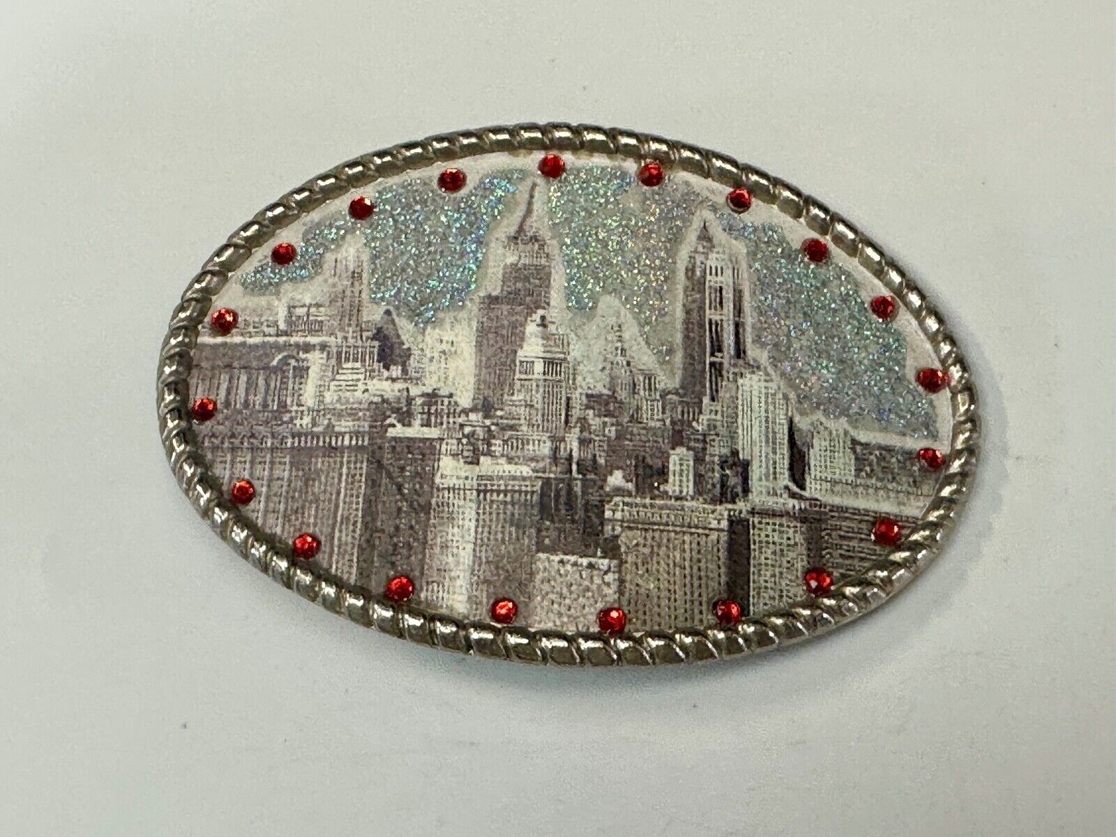 Vintage City Scape Picture Red Rhinestone Accented Oval Belt Buckle