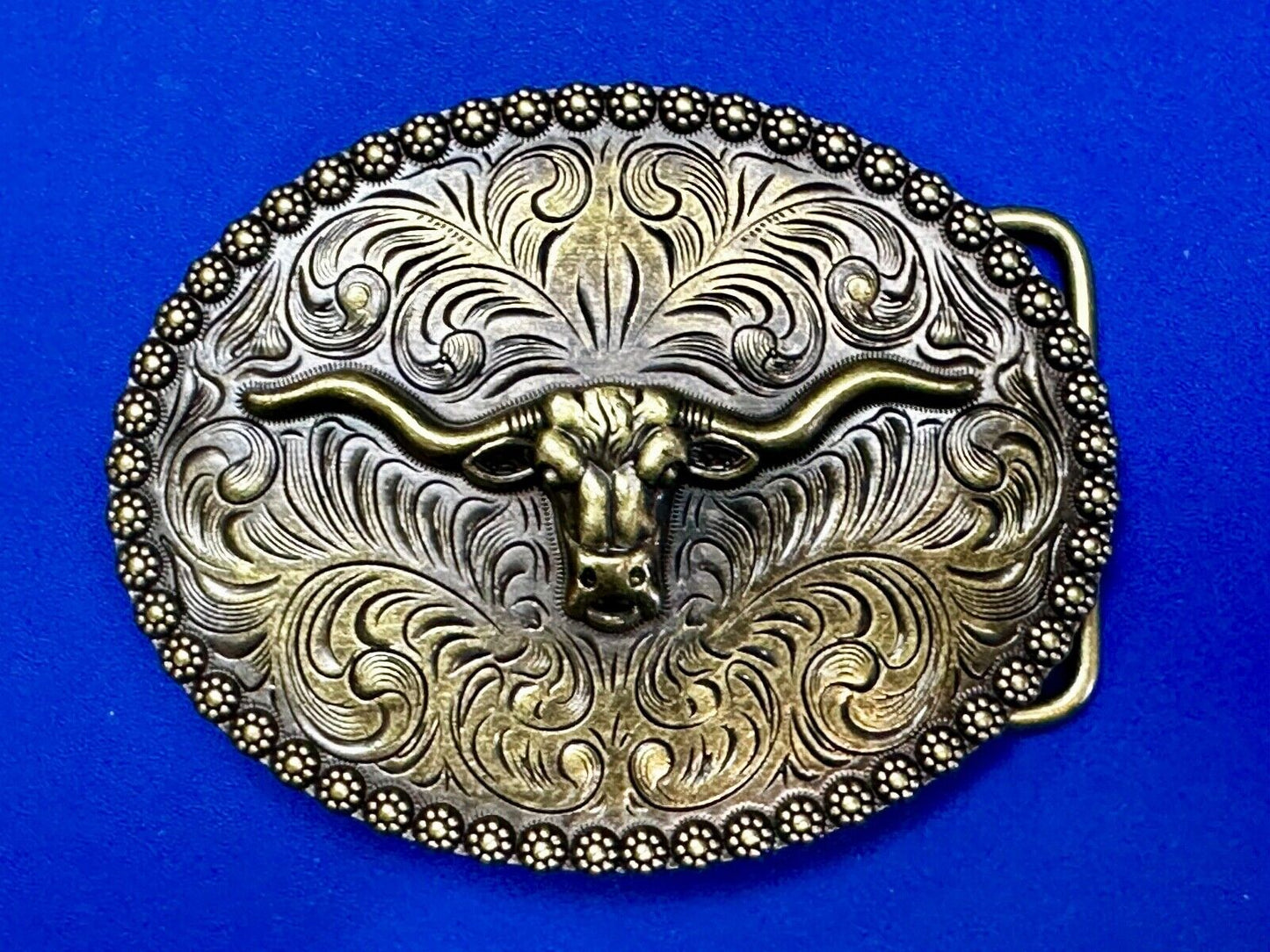 3.5" Wide Texas Longhorn Ornate Engraved Swirl Belt Buckle With Flower Boarder