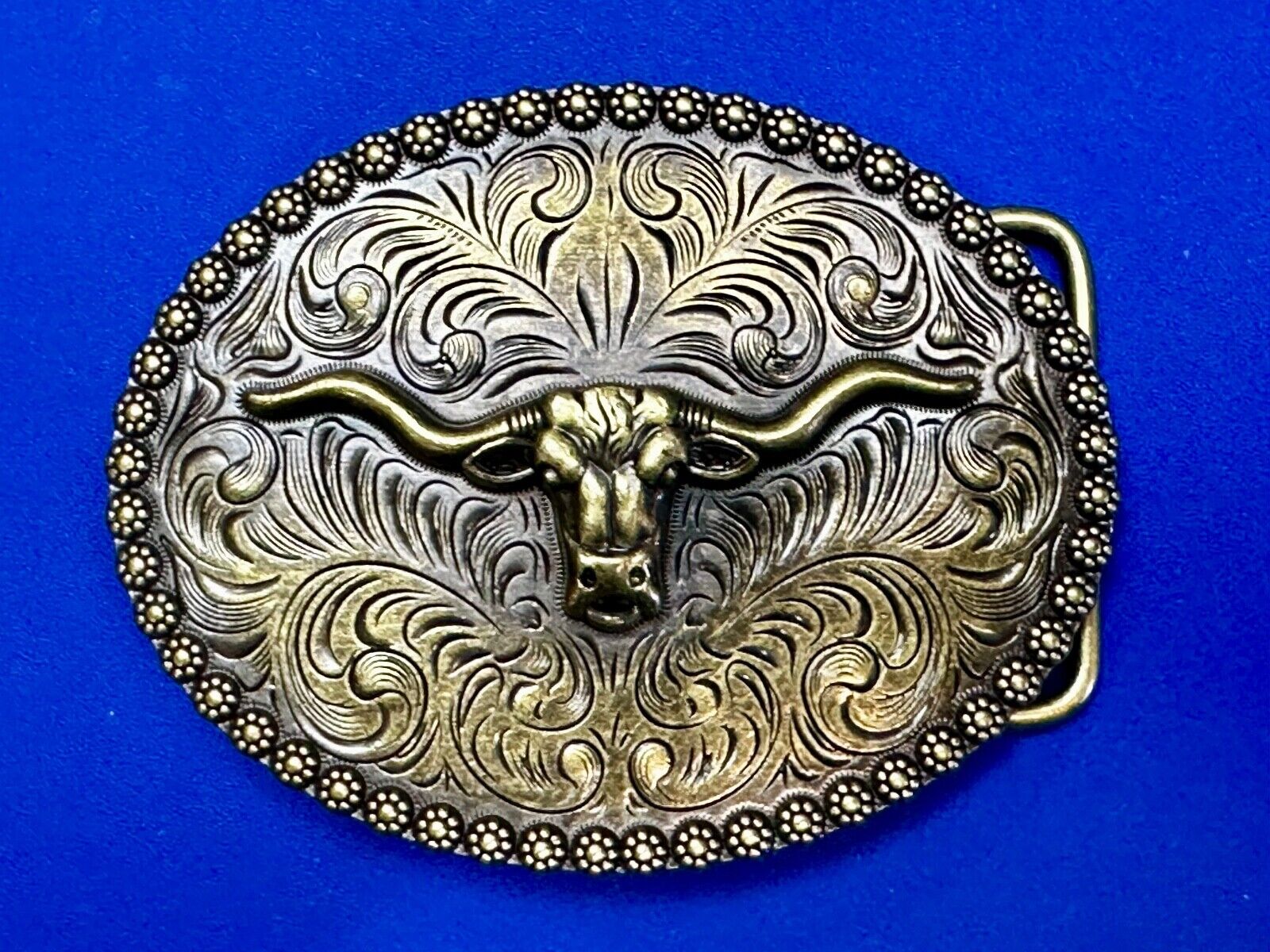 3.5" Wide Texas Longhorn Ornate Engraved Swirl Belt Buckle With Flower Boarder
