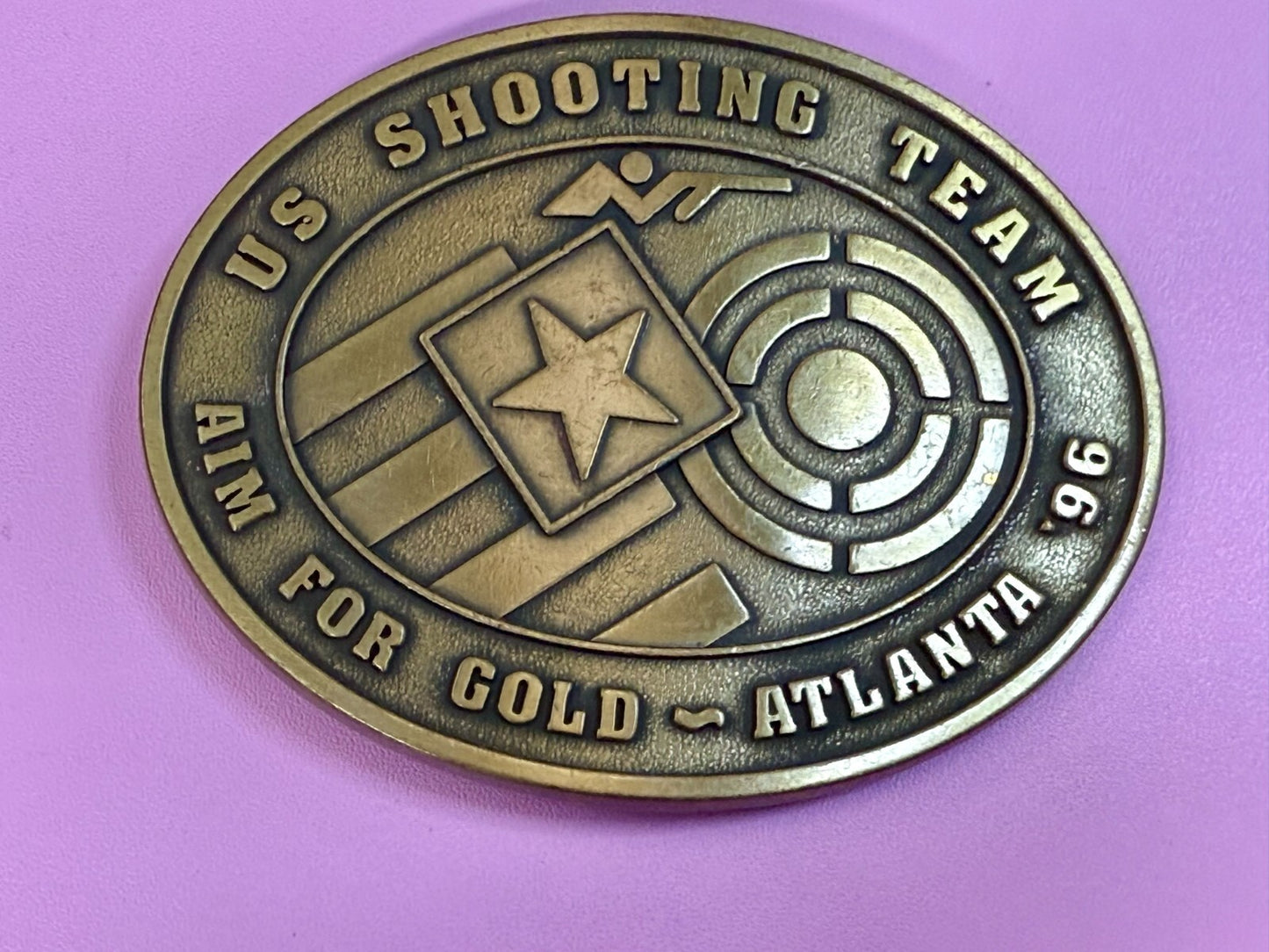 US Shooting Team Aim For Gold Atlanta 1996 Commemorative Vintage NOS Belt Buckle
