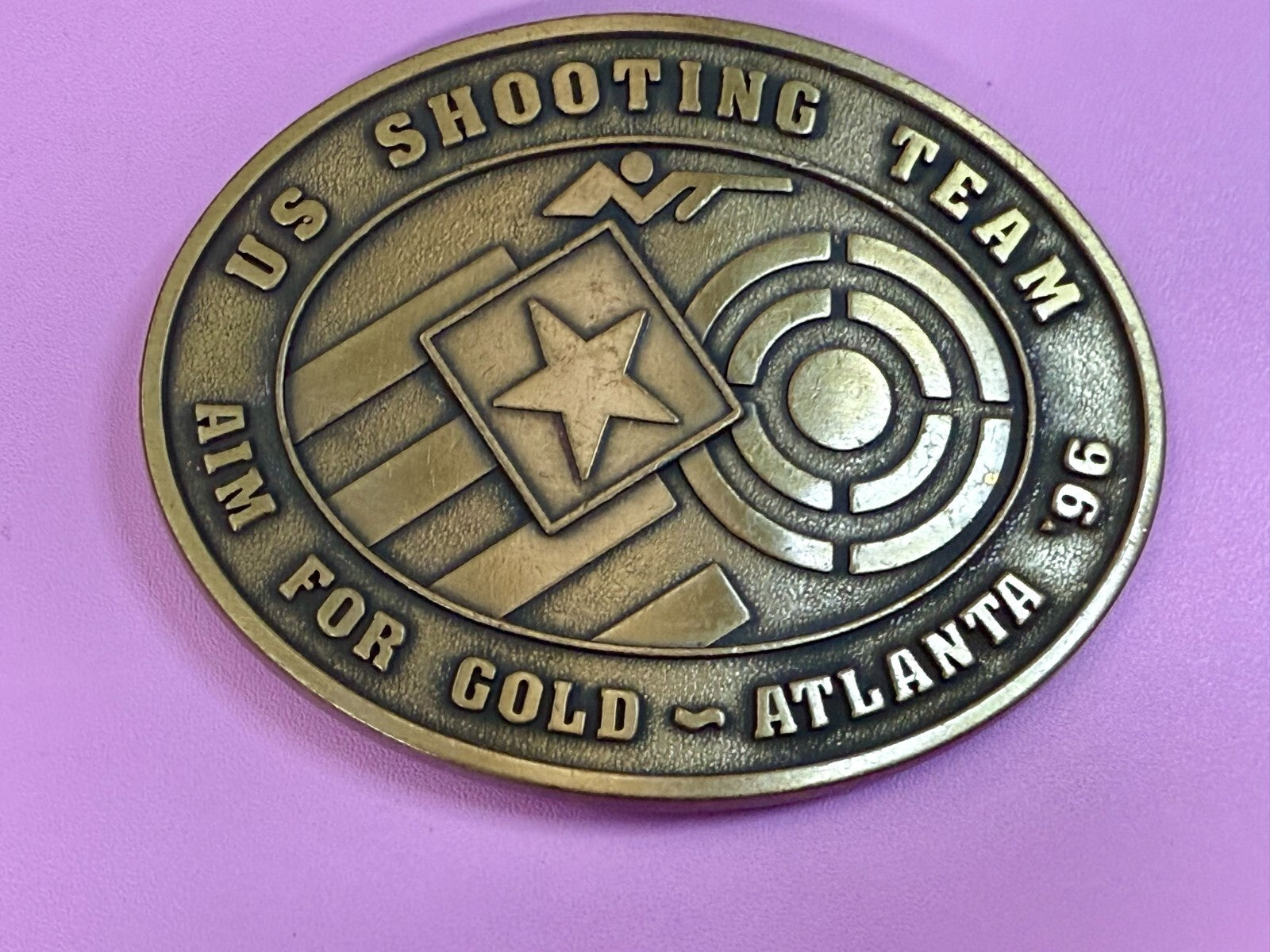 US Shooting Team Aim For Gold Atlanta 1996 Commemorative Vintage NOS Belt Buckle