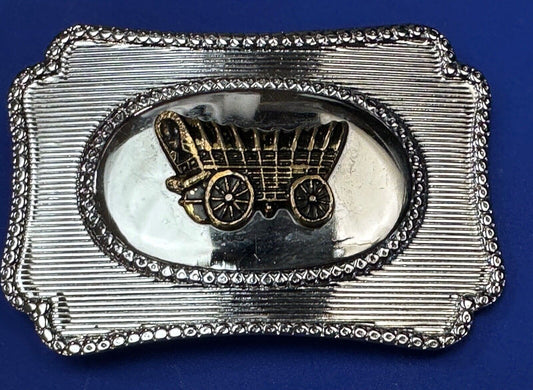 Vintage Horse Drawn Covered wagon on western two tone belt buckle