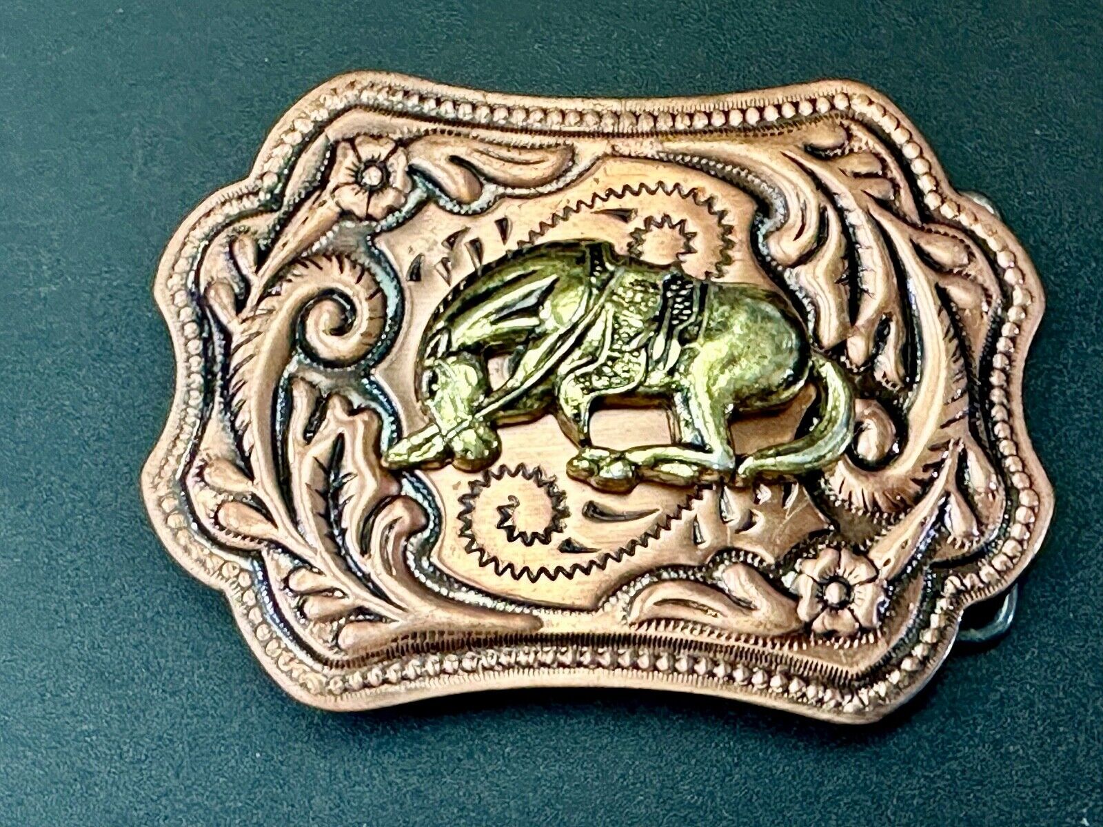 Vintage Horse w/  head down end of the trail two tone ornate western belt buckle