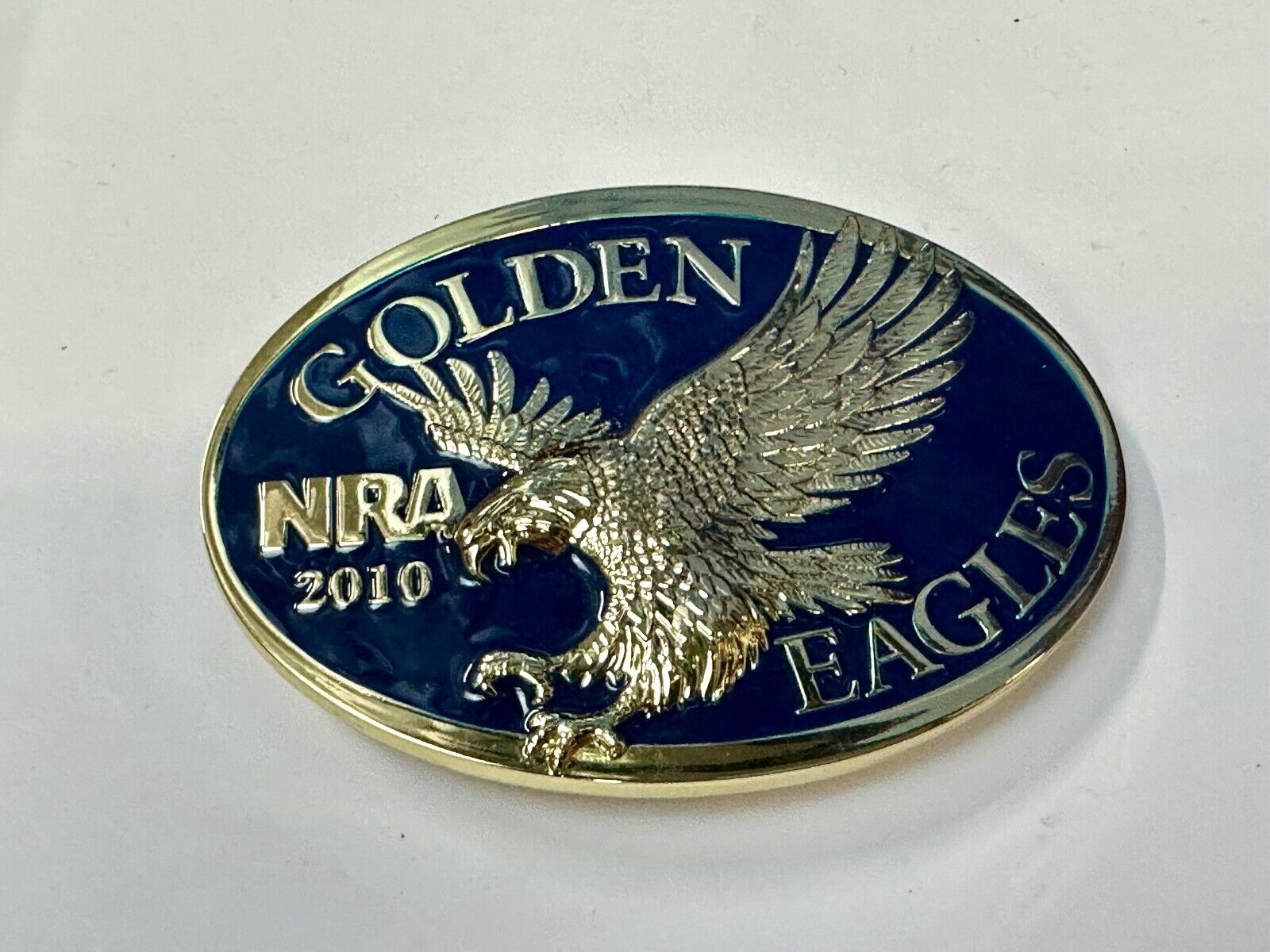 2010 NRA National Rifle Association Golden Eagle blue ribbon belt buckle in box