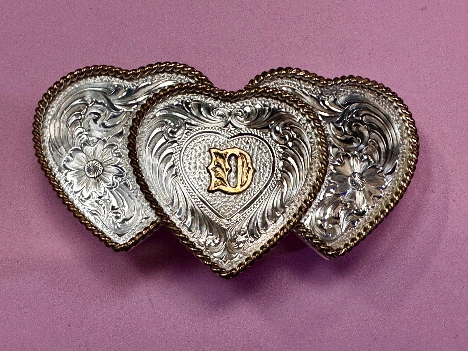 Three Triple Hearts With Initial Letter D Montana Silversmiths Belt Buckle
