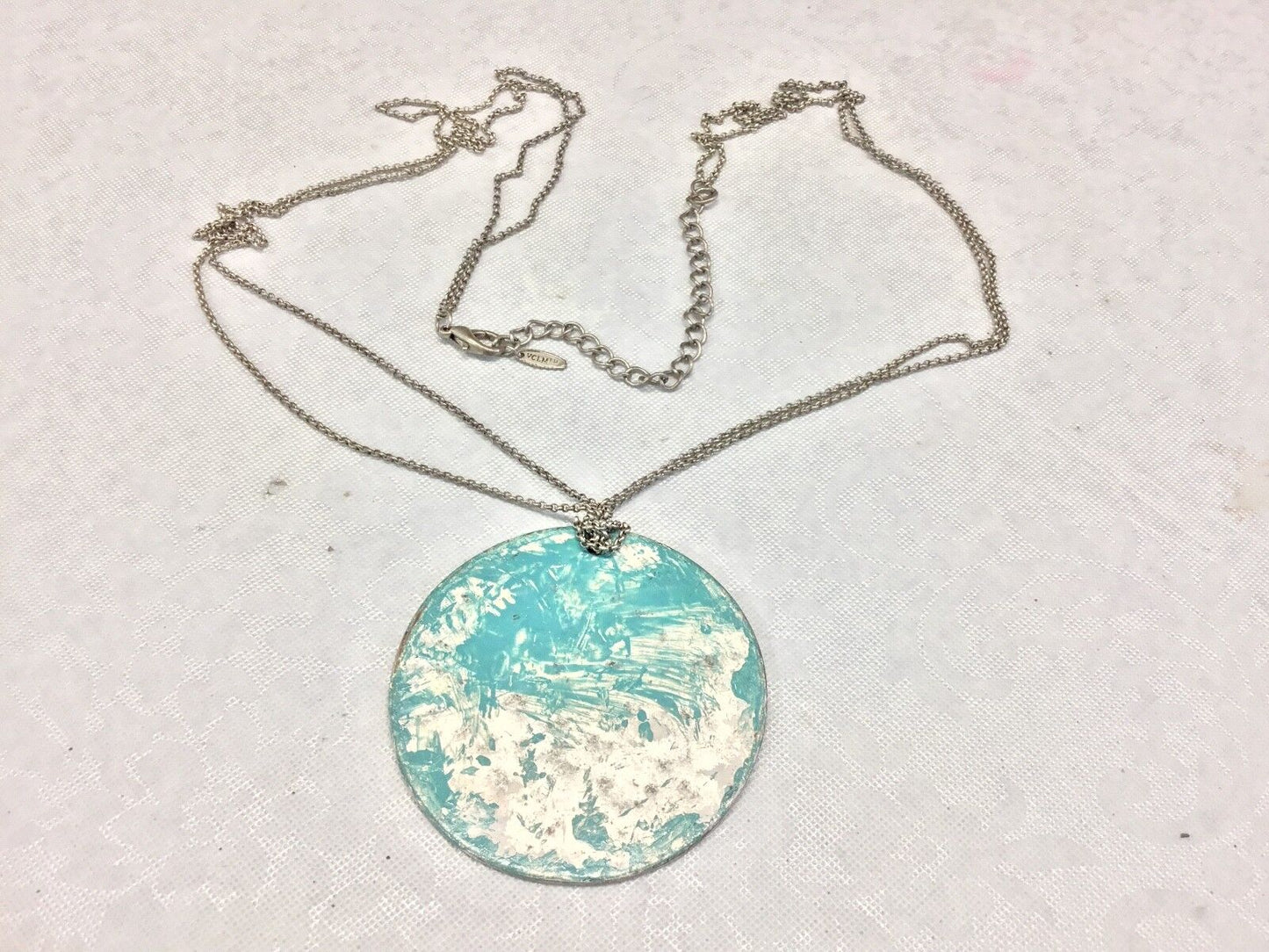 VCLM Abstract Mottled Aqua Round Pendant Silver Tone Double Chain 32" Necklace